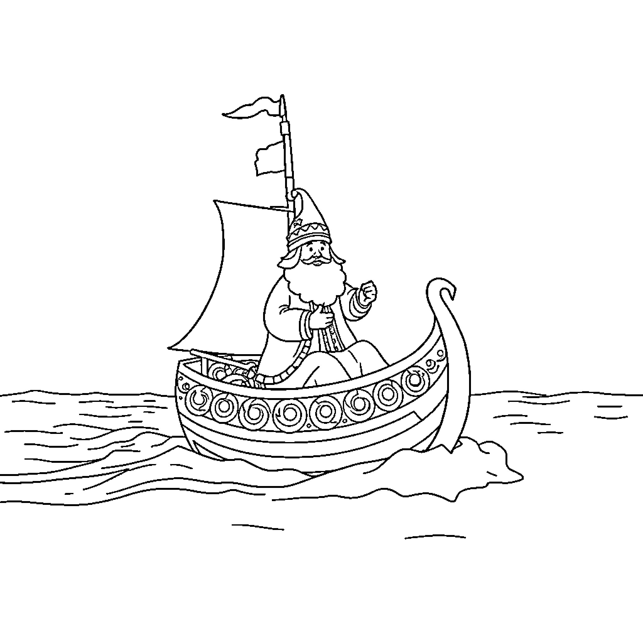 Sinterklaas sailing on decorated boat Coloring Page (free black-and-white line drawing printable PDF for all, from beginners to advanced learners, including children, teens, adults, and seniors)
