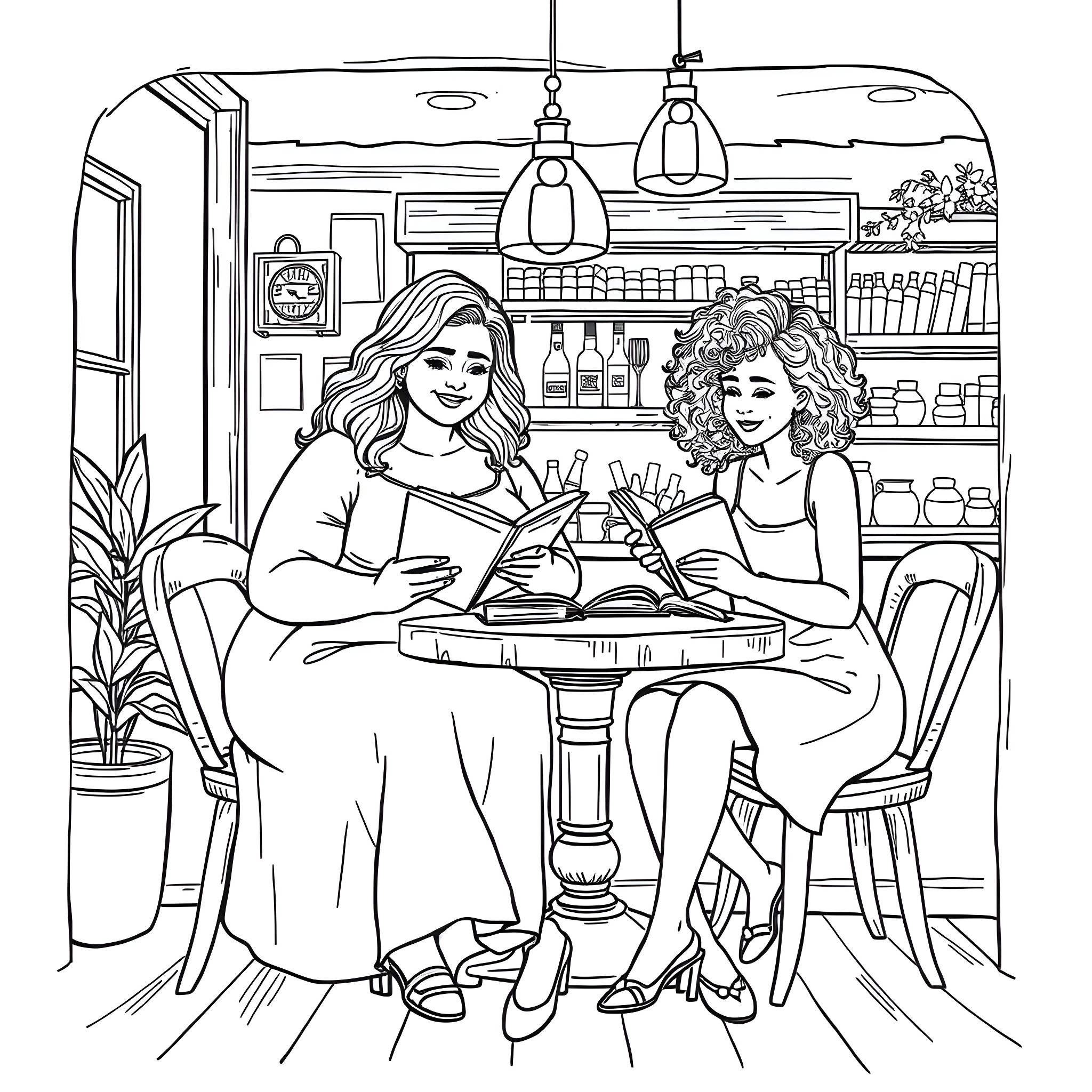 Women enjoying a relaxing conversation in a cozy cafe Coloring Page (free black-and-white line drawing printable PDF for all, from beginners to advanced learners, including children, teens, adults, and seniors)