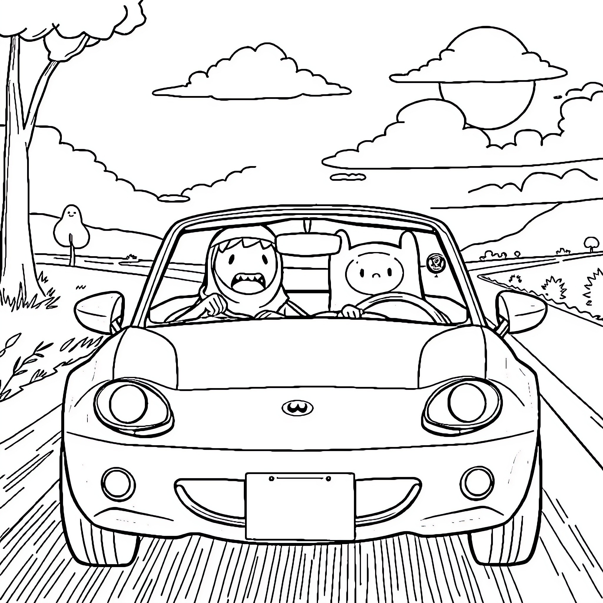 Finn's Road Trip Adventure Coloring Page (free black-and-white line drawing printable PDF for all, from beginners to advanced learners, including children, teens, adults, and seniors)