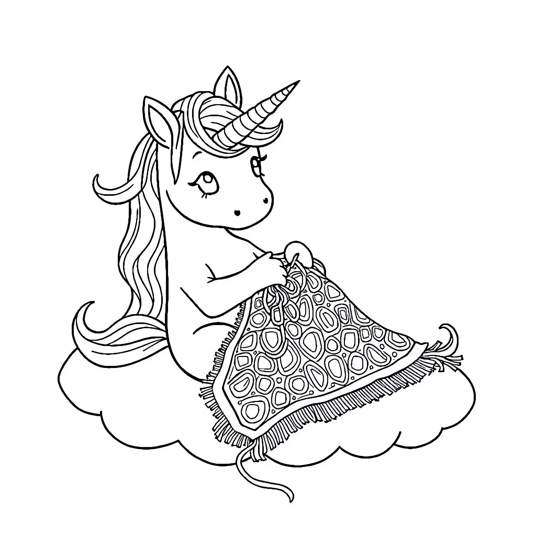Unicorn wearing a fancy dress on a cloud Coloring Page (free black-and-white line drawing printable PDF for all, from beginners to advanced learners, including children, teens, adults, and seniors)