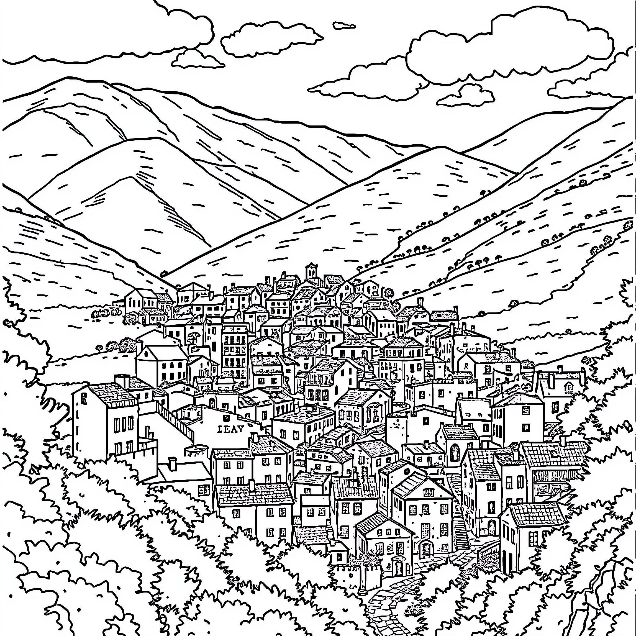 Bourri's Vibrant Mountain Town Coloring Page (free black-and-white line drawing printable PDF for all, from beginners to advanced learners, including children, teens, adults, and seniors)