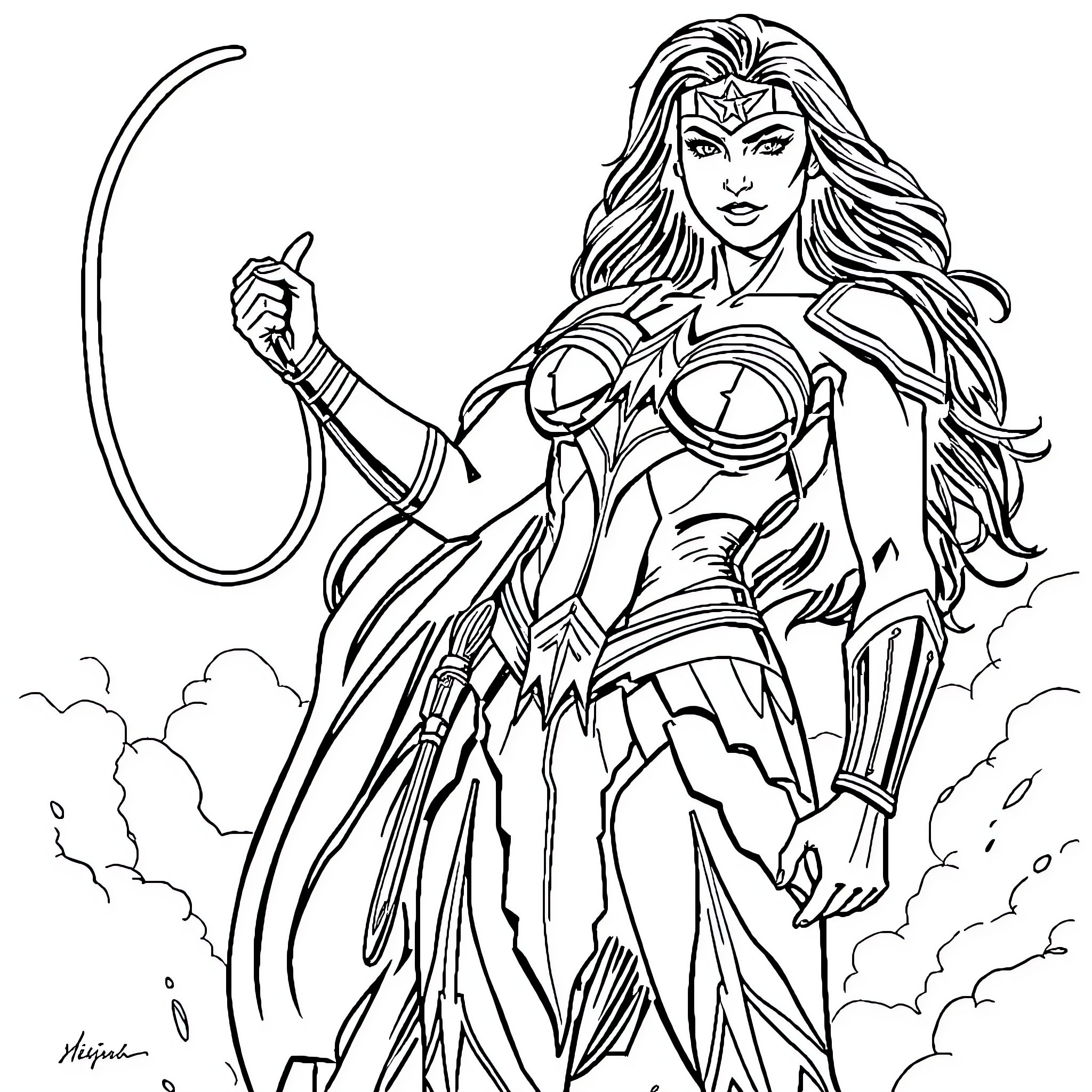 Wonder Woman in action with heroic posture Coloring Page (free black-and-white line drawing printable PDF for all, from beginners to advanced learners, including children, teens, adults, and seniors)