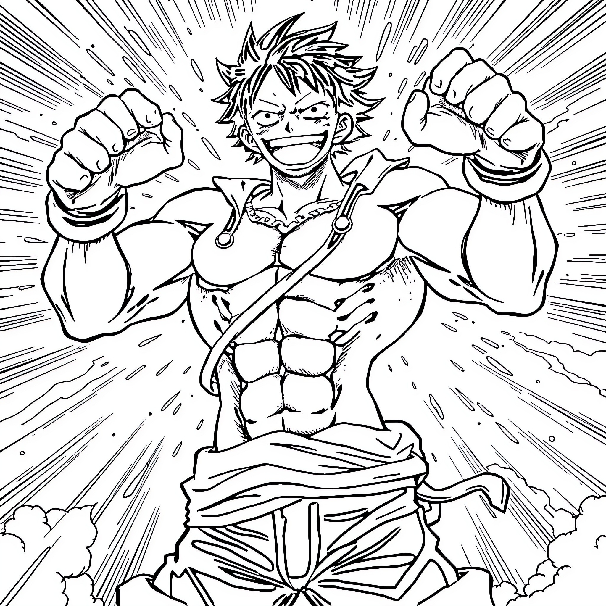 Luffy's Energetic Fighting Stance Coloring Page (free black-and-white line drawing printable PDF for all, from beginners to advanced learners, including children, teens, adults, and seniors)