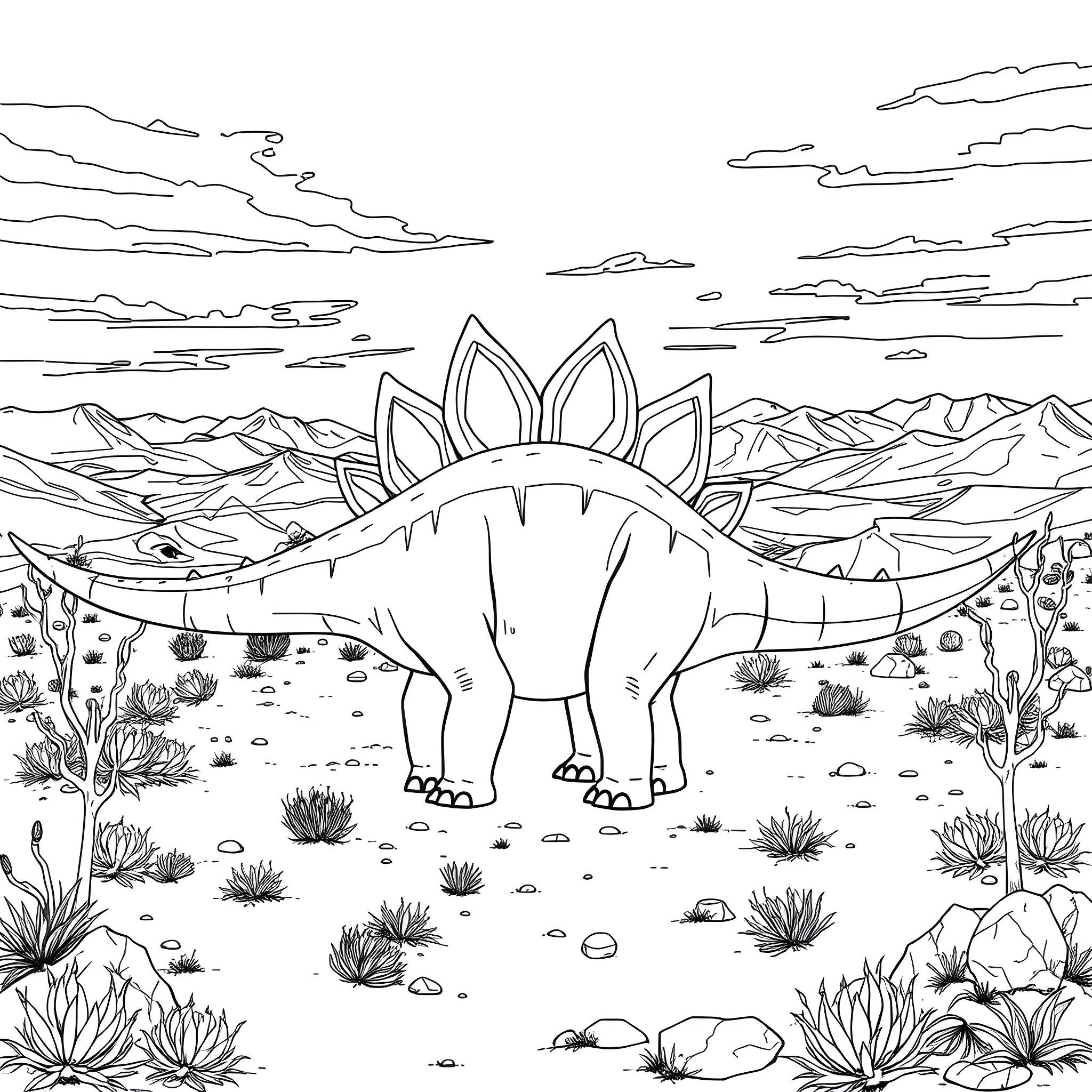 Stegosaurus exploring the prehistoric landscape Coloring Page (free black-and-white line drawing printable PDF for all, from beginners to advanced learners, including children, teens, adults, and seniors)