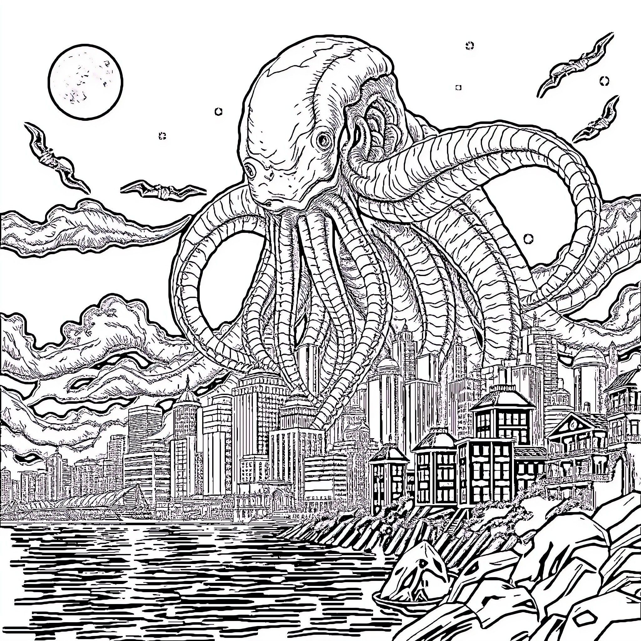 Cthulhu's Ominous Arrival over the City Coloring Page (free black-and-white line drawing printable PDF for all, from beginners to advanced learners, including children, teens, adults, and seniors)