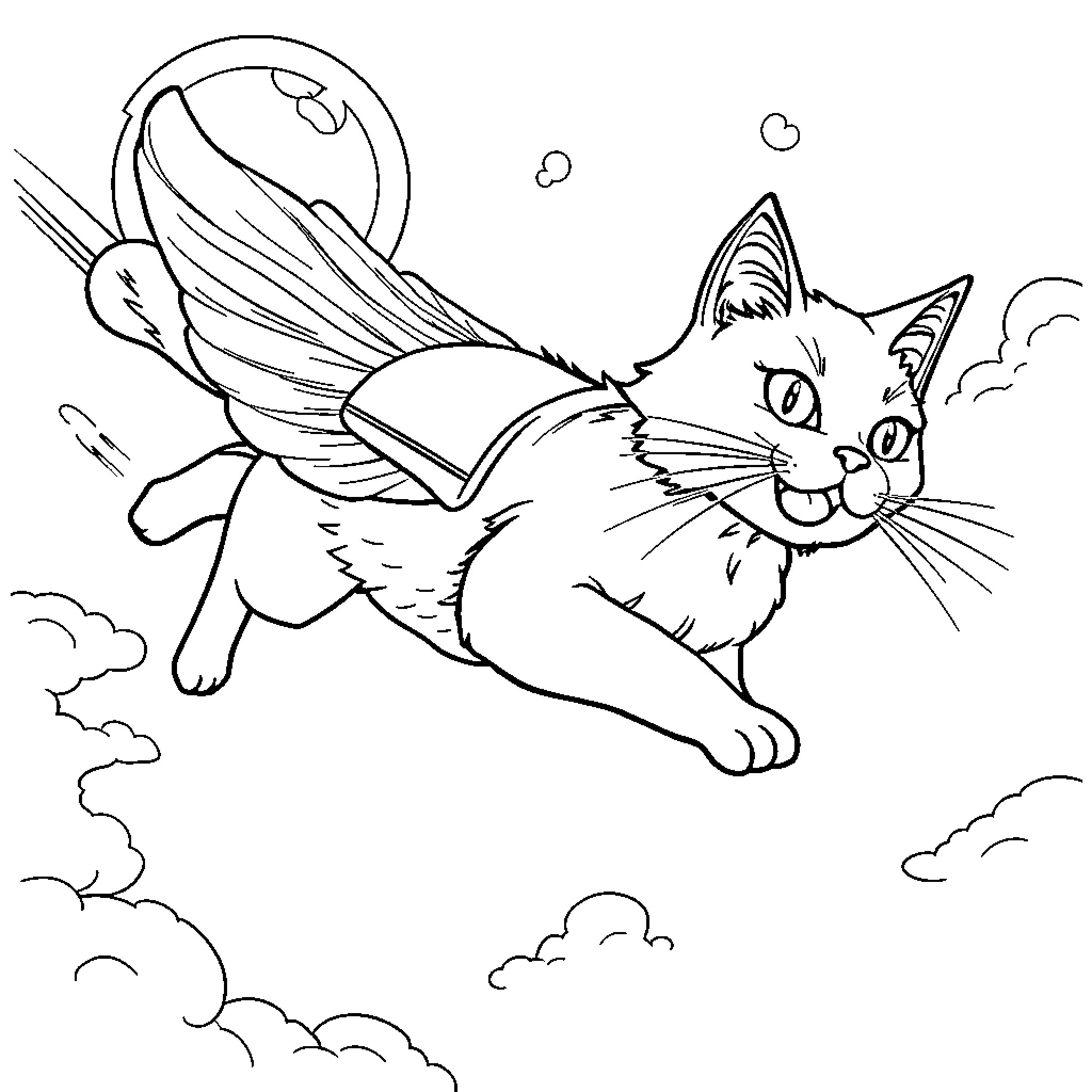 Swat Cat soaring through the clouds Coloring Page (free black-and-white line drawing printable PDF for all, from beginners to advanced learners, including children, teens, adults, and seniors)