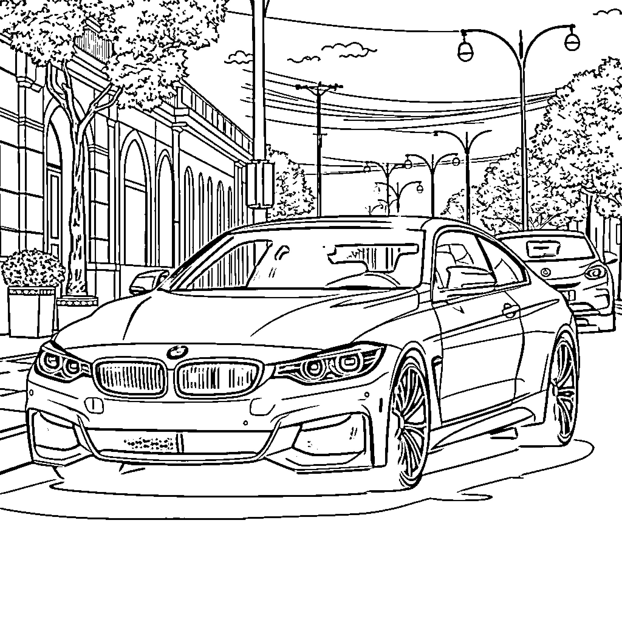 BMW luxury sedan on a city street Coloring Page (free black-and-white line drawing printable PDF for all, from beginners to advanced learners, including children, teens, adults, and seniors)