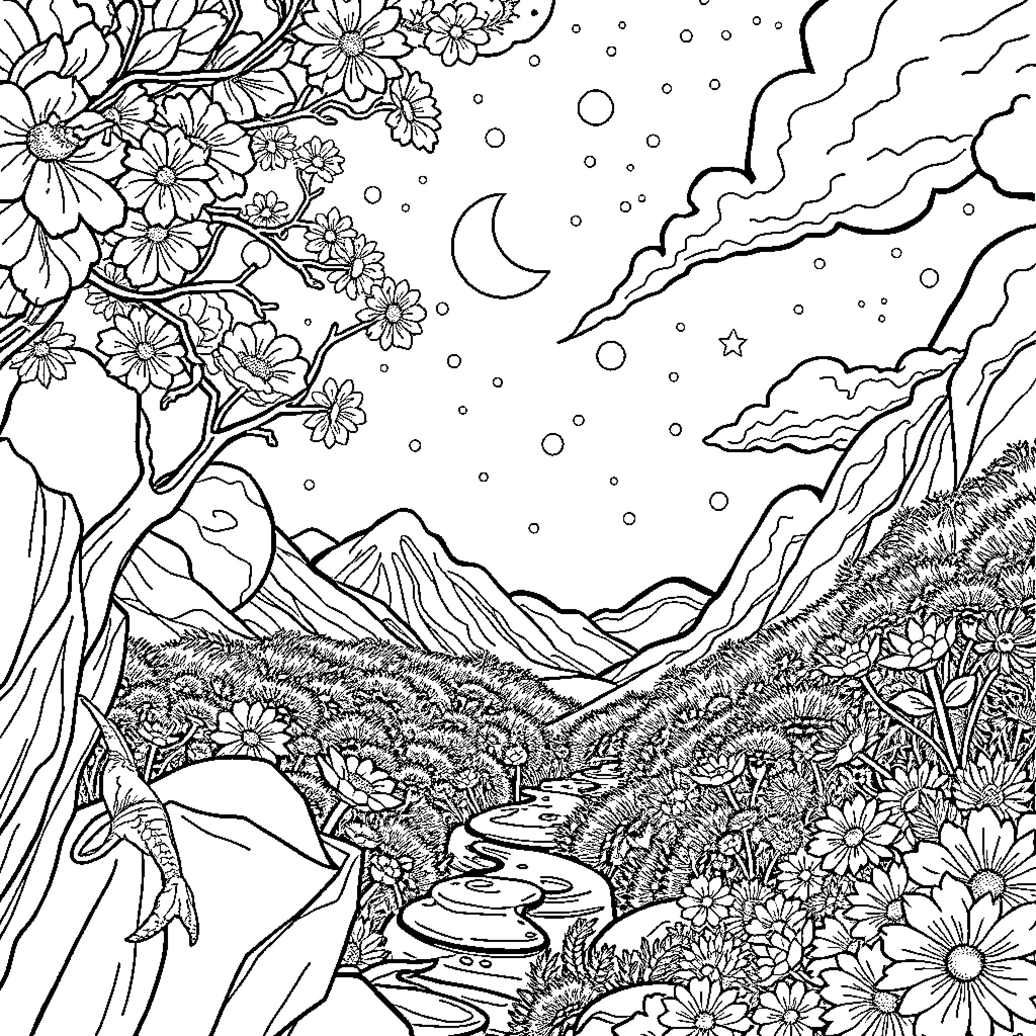 Beauty of Nature's Serene Landscape Coloring Page (free black-and-white line drawing printable PDF for all, from beginners to advanced learners, including children, teens, adults, and seniors)