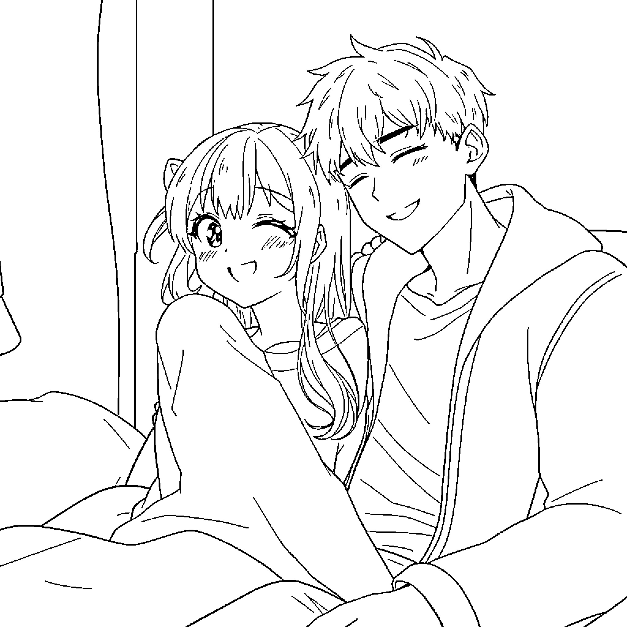 Anime Girl Embracing Romantic Partner Coloring Page (free black-and-white line drawing printable PDF for all, from beginners to advanced learners, including children, teens, adults, and seniors)