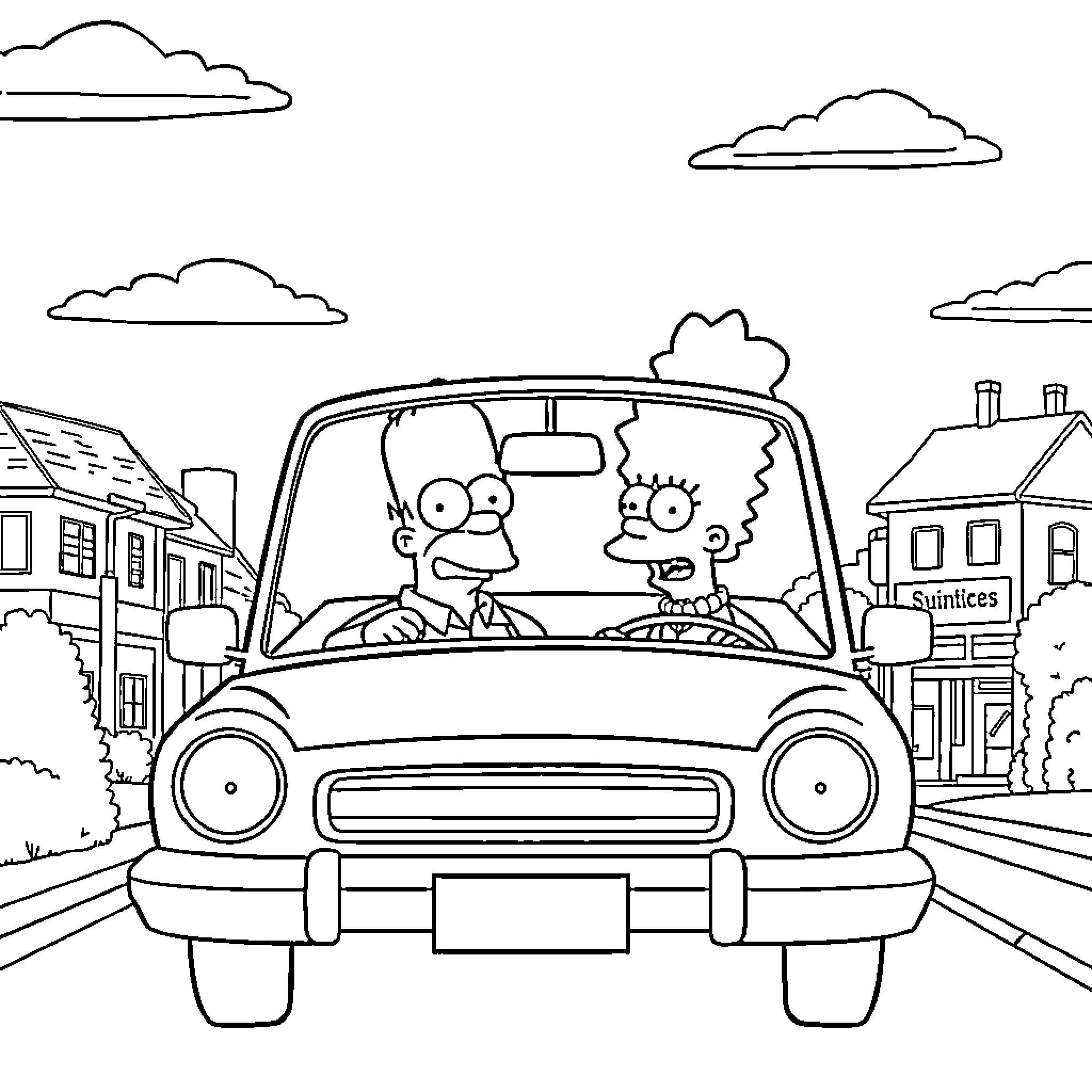 The Simpsons Characters Driving in a Small Car Coloring Page (free black-and-white line drawing printable PDF for all, from beginners to advanced learners, including children, teens, adults, and seniors)