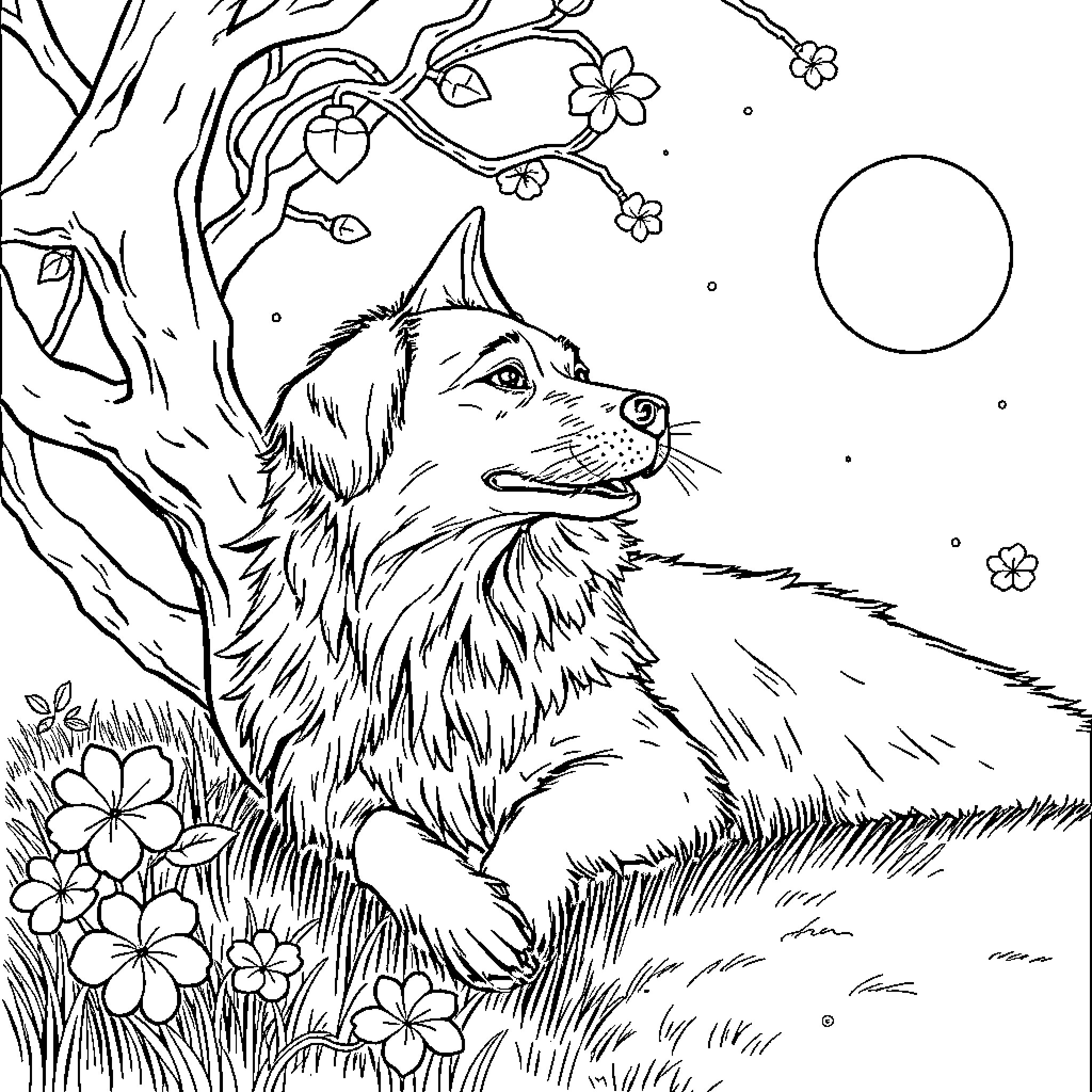 Dog gazing at the moon in a floral garden Coloring Page (free black-and-white line drawing printable PDF for all, from beginners to advanced learners, including children, teens, adults, and seniors)
