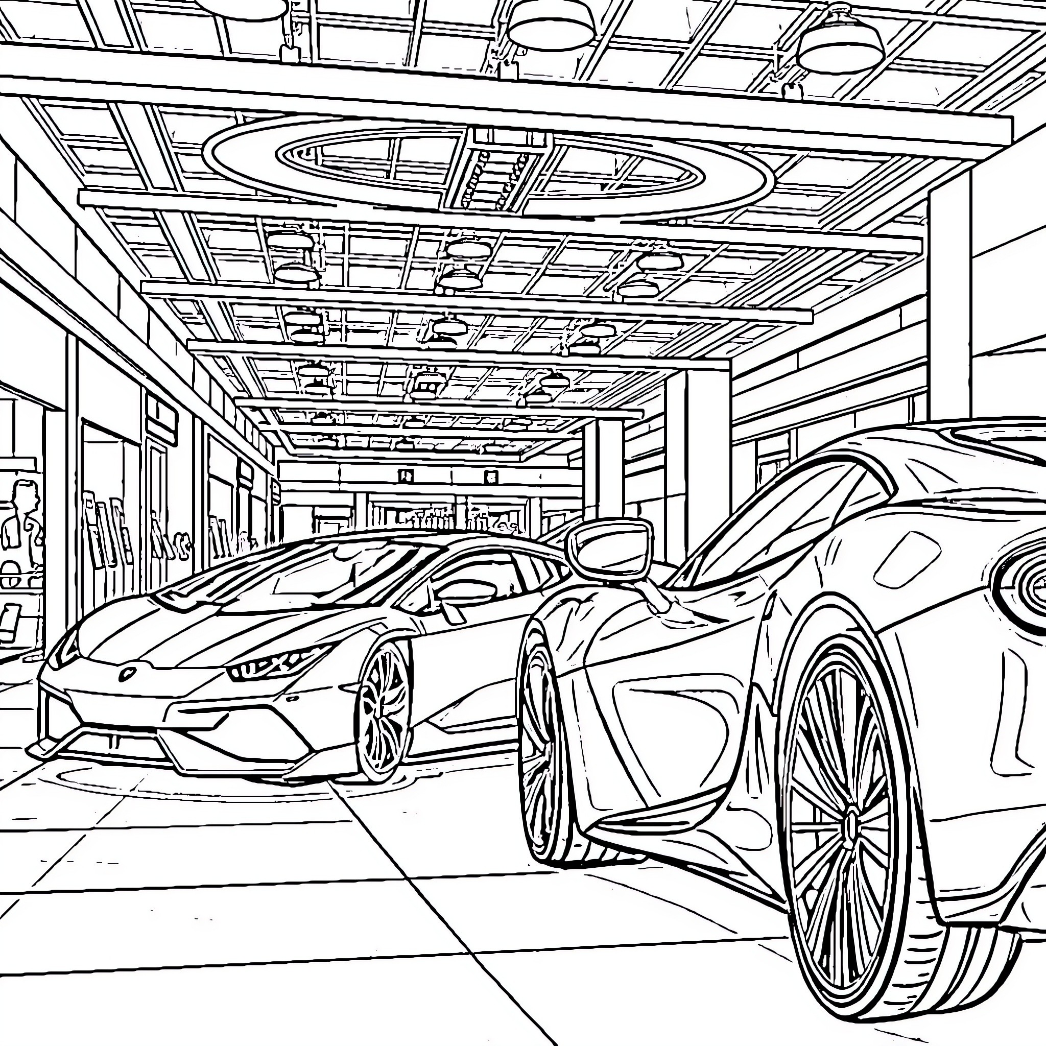 Car showroom with luxury sports cars on display Coloring Page (free black-and-white line drawing printable PDF for all, from beginners to advanced learners, including children, teens, adults, and seniors)
