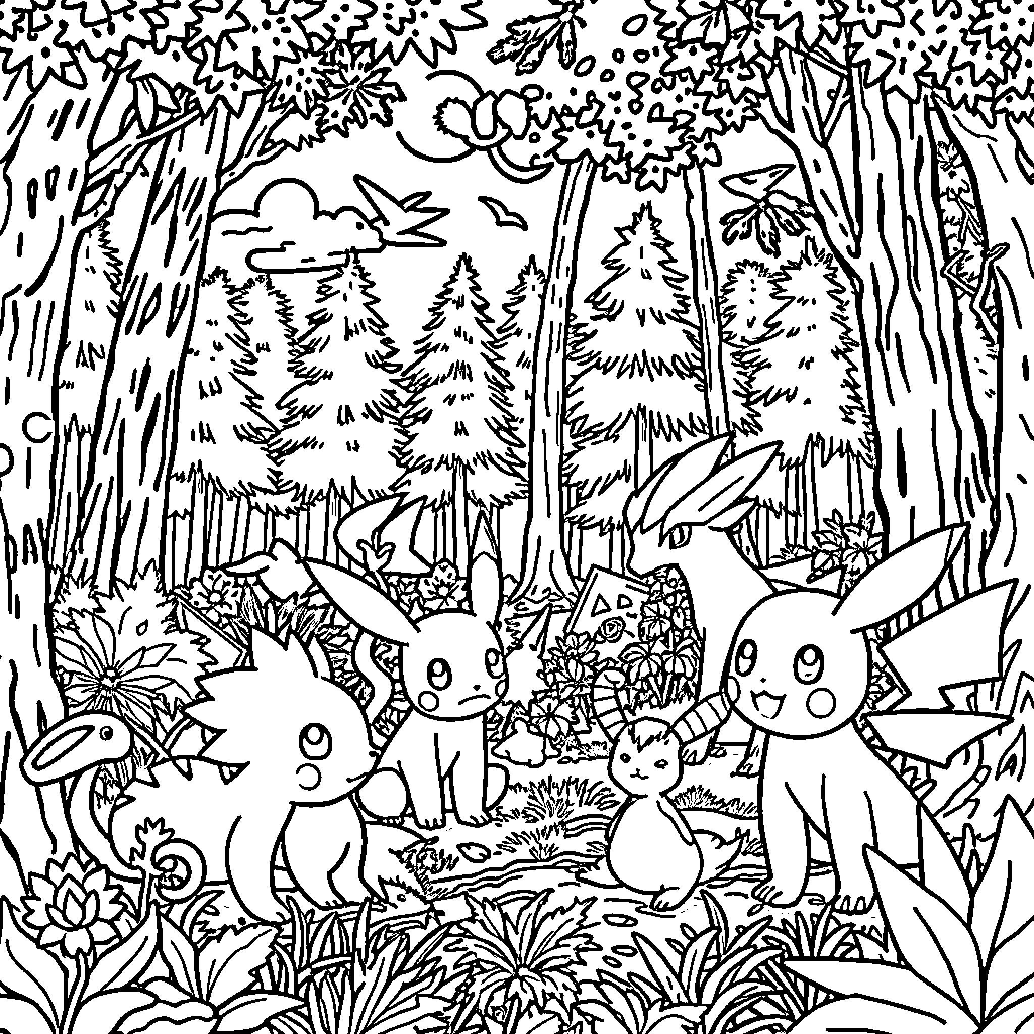 Pokémon playing joyfully in the enchanted forest Coloring Page (free black-and-white line drawing printable PDF for all, from beginners to advanced learners, including children, teens, adults, and seniors)