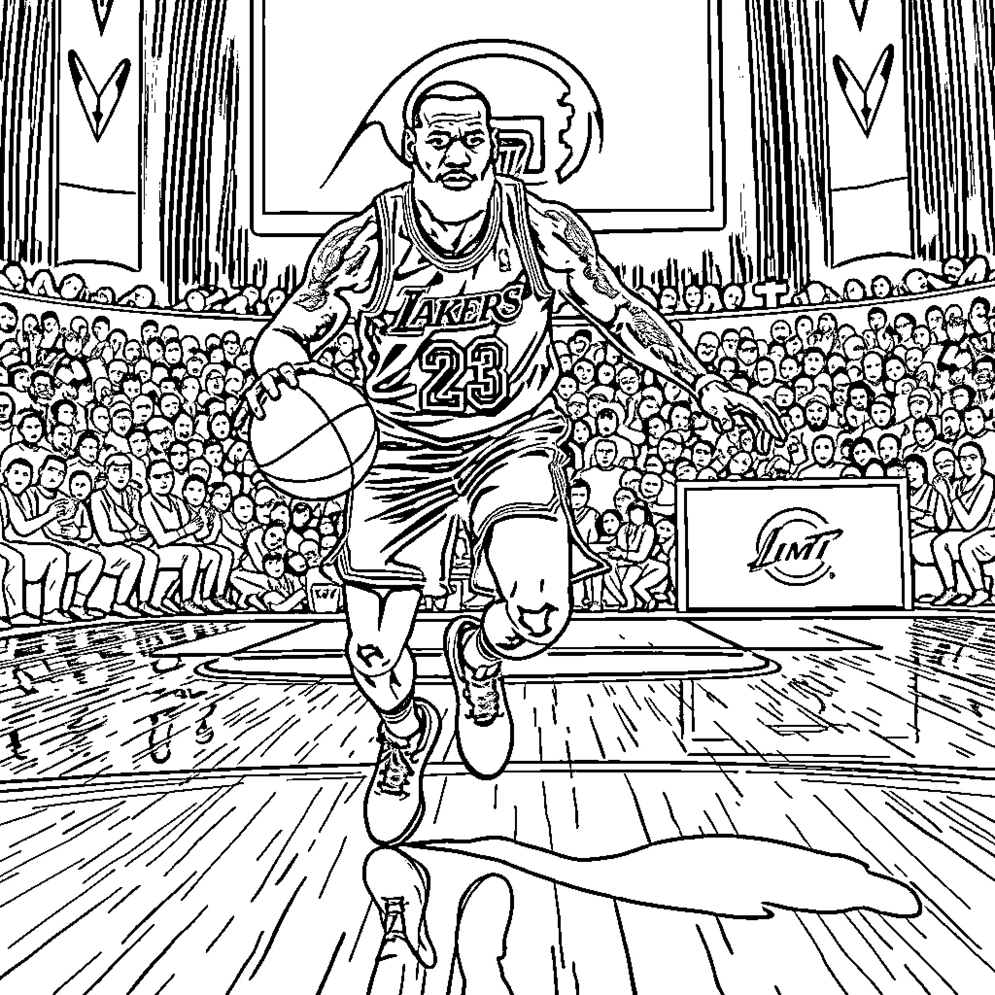 LeBron James Basketball Player in Action on Court Coloring Page (free black-and-white line drawing printable PDF for all, from beginners to advanced learners, including children, teens, adults, and seniors)