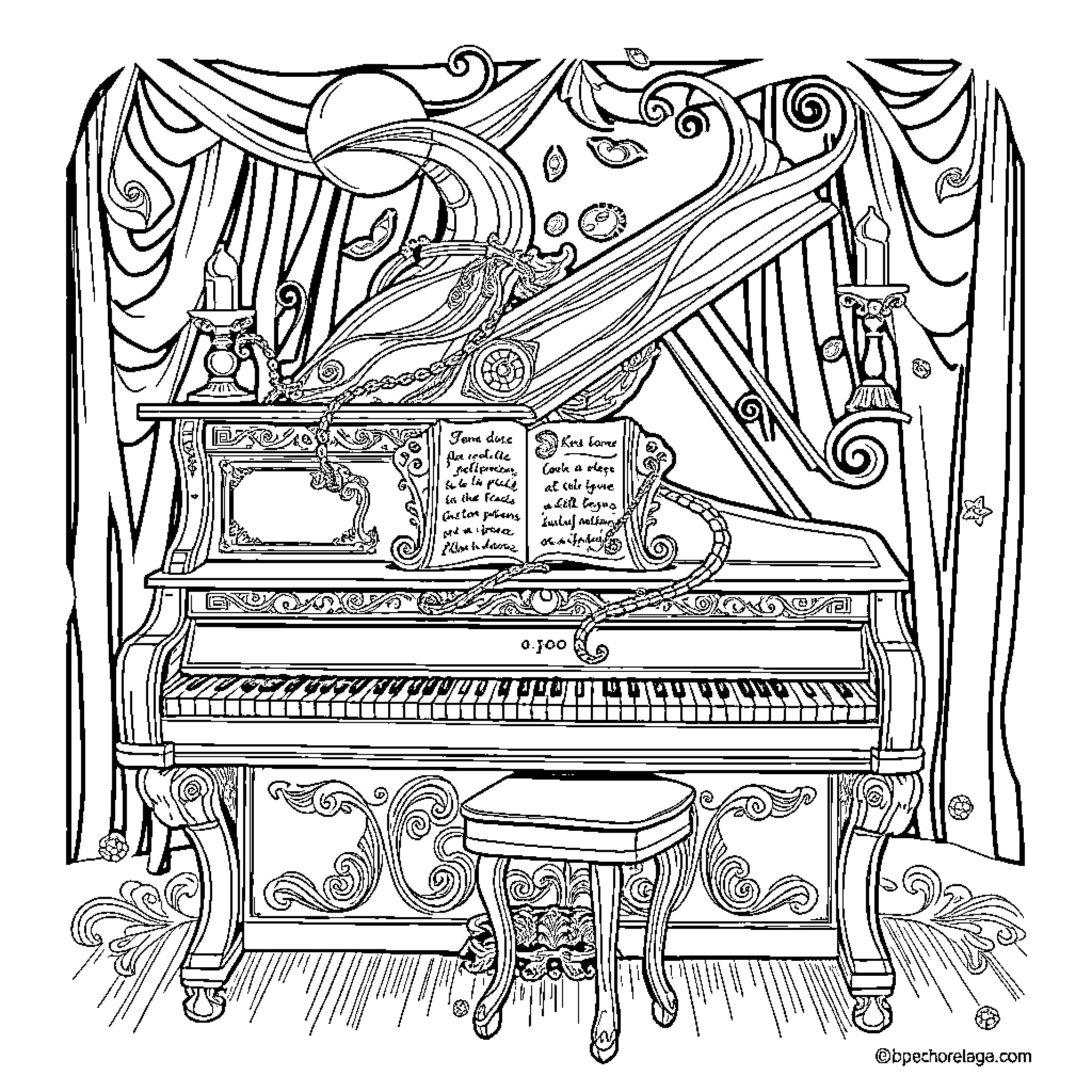 Phantom Whimsical Melody at the Enchanted Piano Coloring Page (free black-and-white line drawing printable PDF for all, from beginners to advanced learners, including children, teens, adults, and seniors)