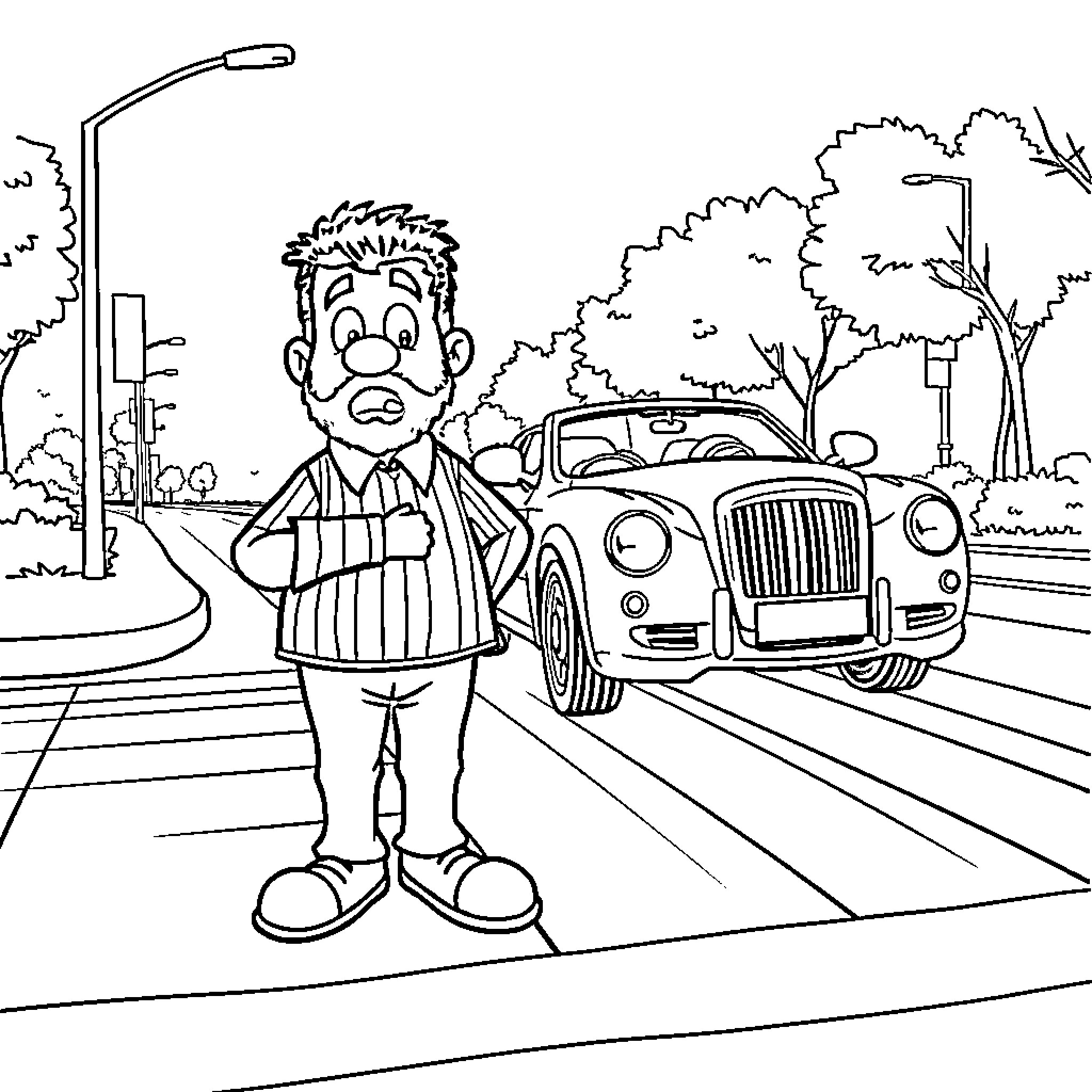 Lenny Henry in a chaotic street scene Coloring Page (free black-and-white line drawing printable PDF for all, from beginners to advanced learners, including children, teens, adults, and seniors)
