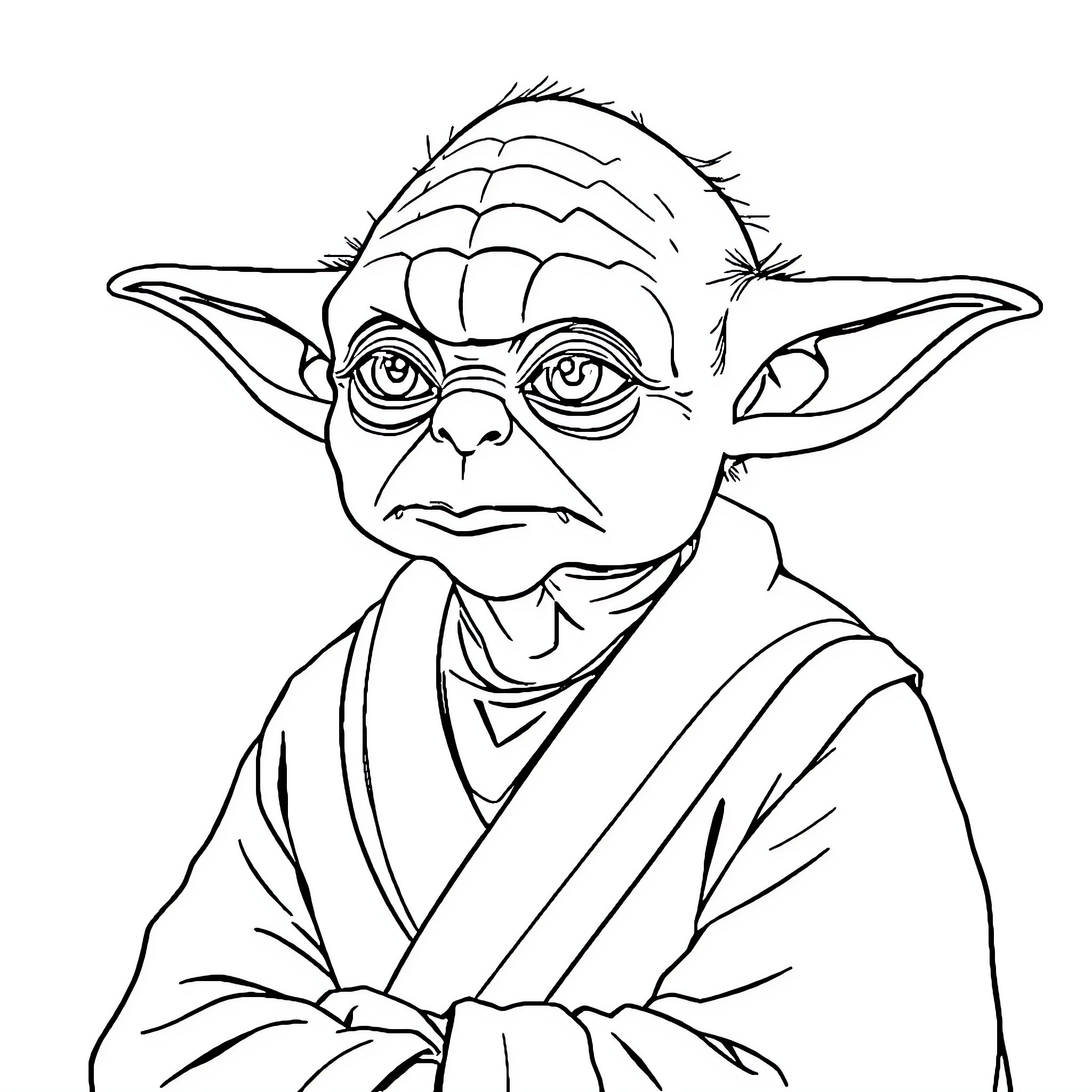 Yoda meditating in Jedi robes Coloring Page (free black-and-white line drawing printable PDF for all, from beginners to advanced learners, including children, teens, adults, and seniors)