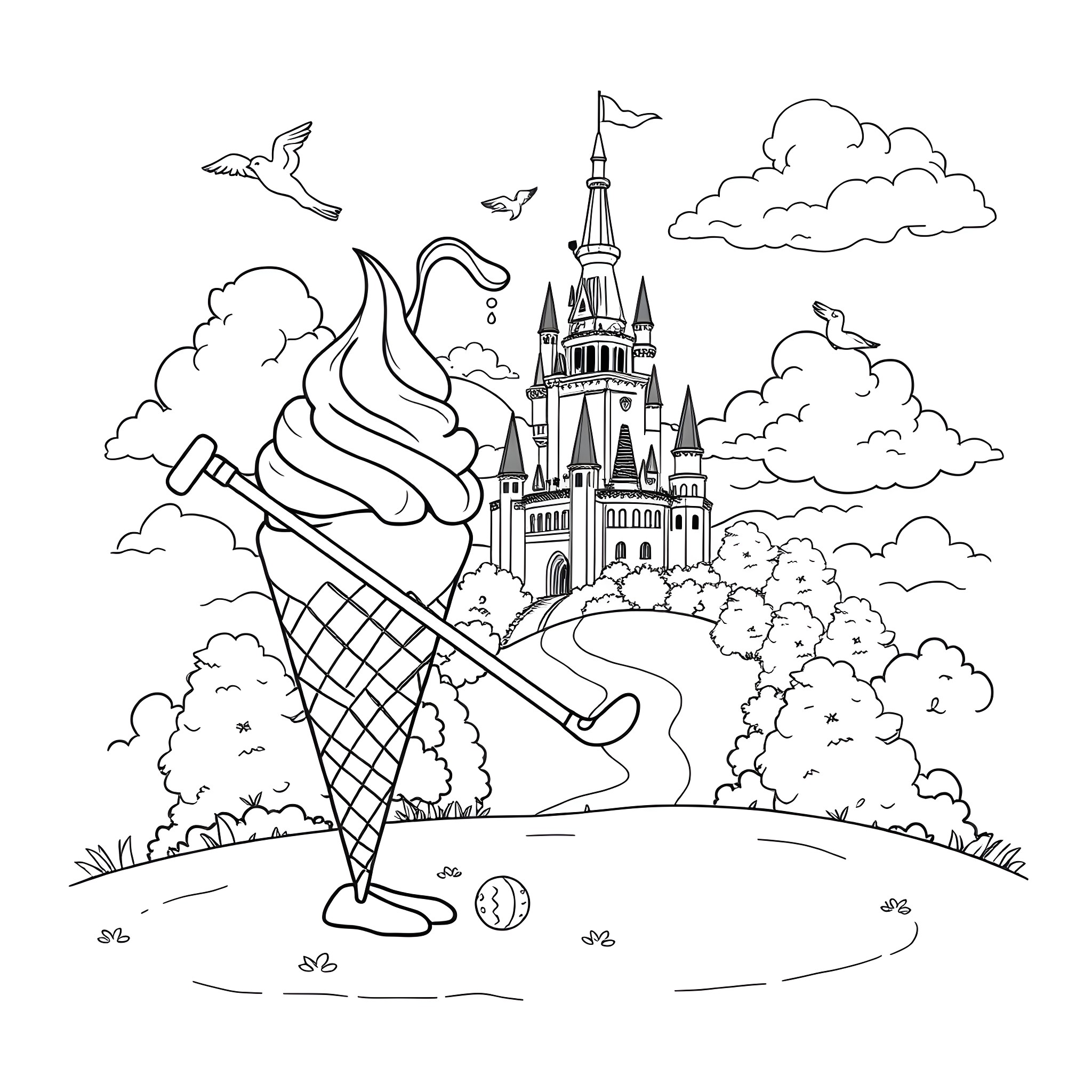 Ice Cream in a Fairytale Kingdom Coloring Page (free black-and-white line drawing printable PDF for all, from beginners to advanced learners, including children, teens, adults, and seniors)