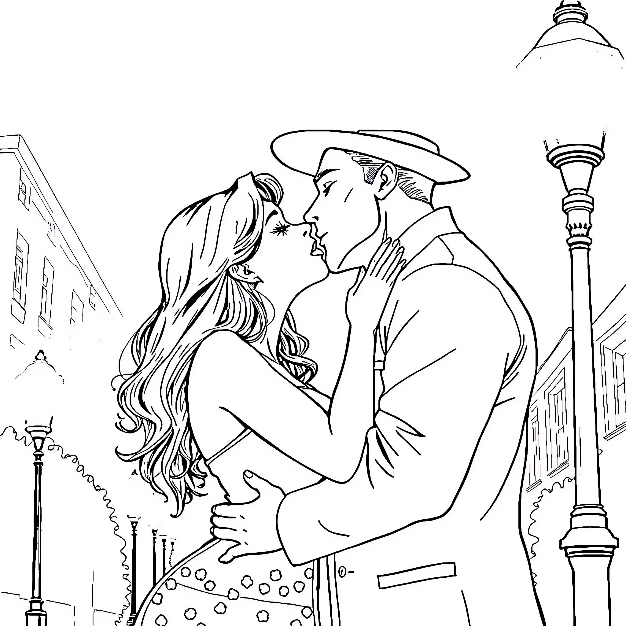 Jolyne's romantic encounter in the city streets Coloring Page (free black-and-white line drawing printable PDF for all, from beginners to advanced learners, including children, teens, adults, and seniors)