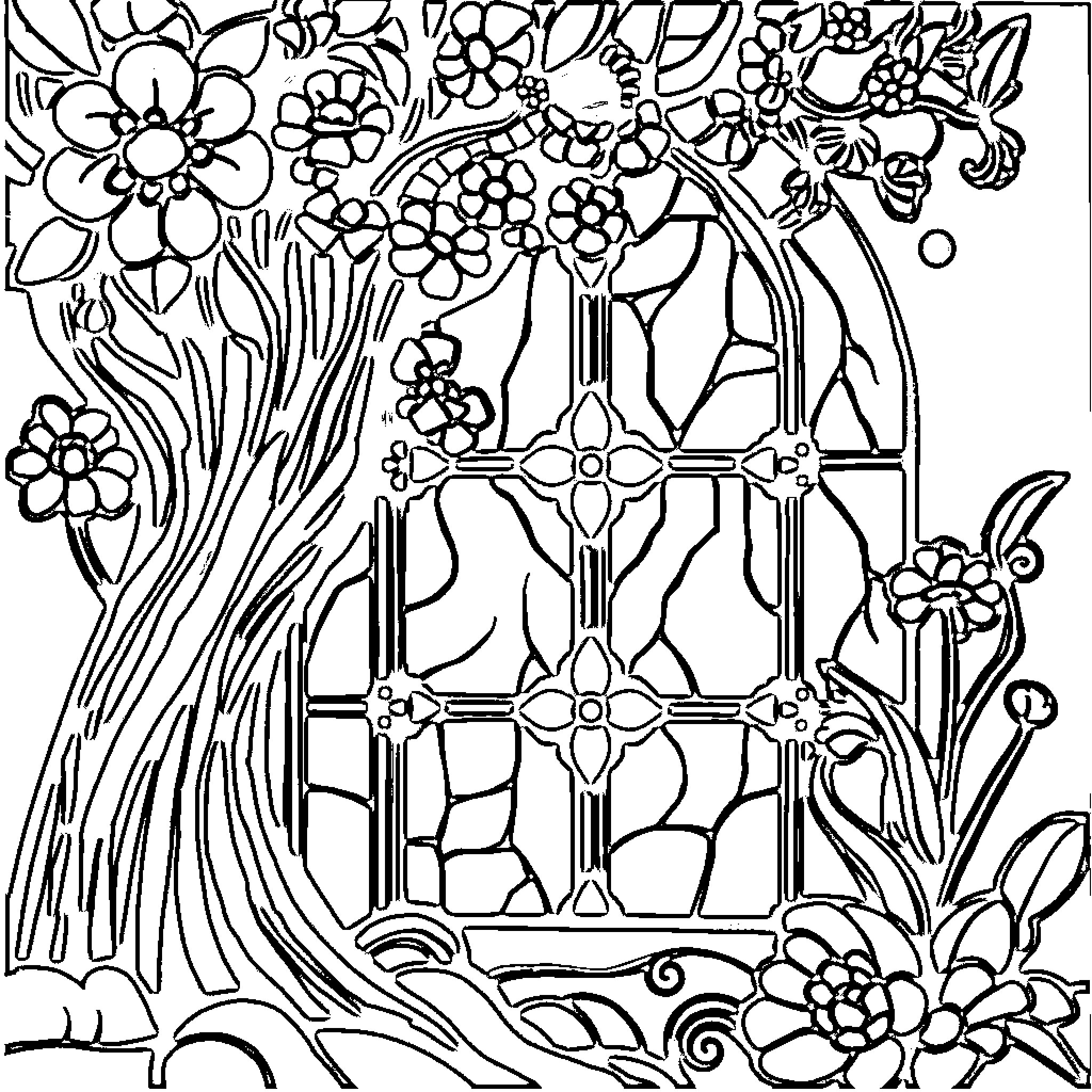 Stained Glass Floral Motifs and Patterns Coloring Page (free black-and-white line drawing printable PDF for all, from beginners to advanced learners, including children, teens, adults, and seniors)