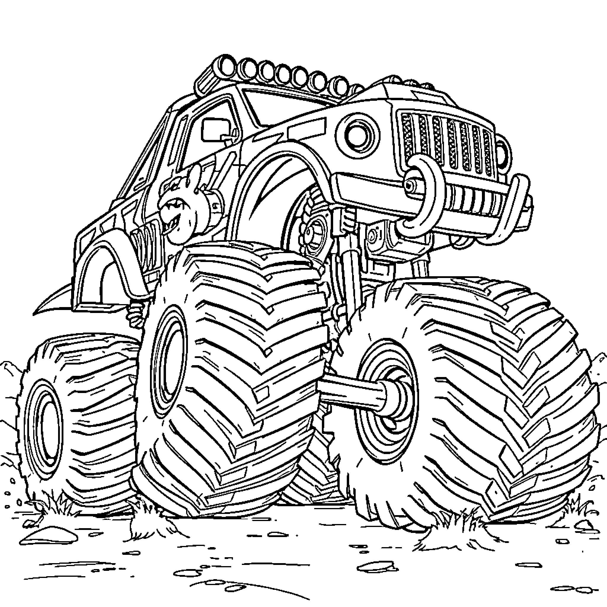 Monster Truck Crushing Obstacles on the Road Coloring Page (free black-and-white line drawing printable PDF for all, from beginners to advanced learners, including children, teens, adults, and seniors)