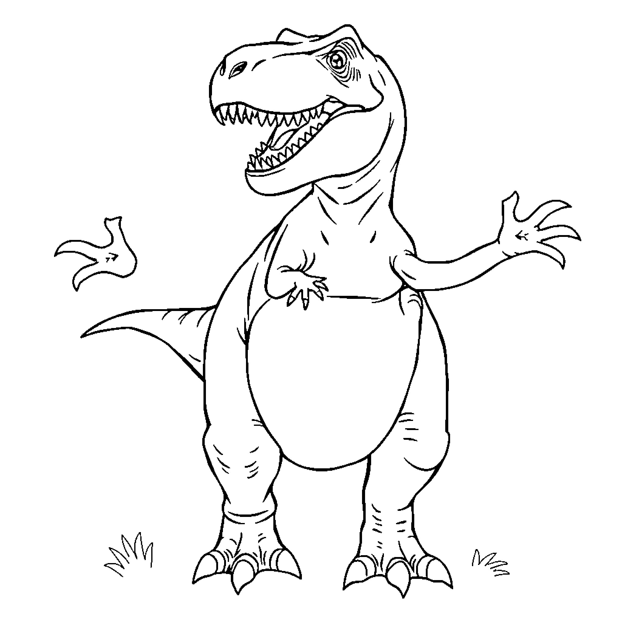 T-Rex roaring with outstretched arms Coloring Page (free black-and-white line drawing printable PDF for all, from beginners to advanced learners, including children, teens, adults, and seniors)