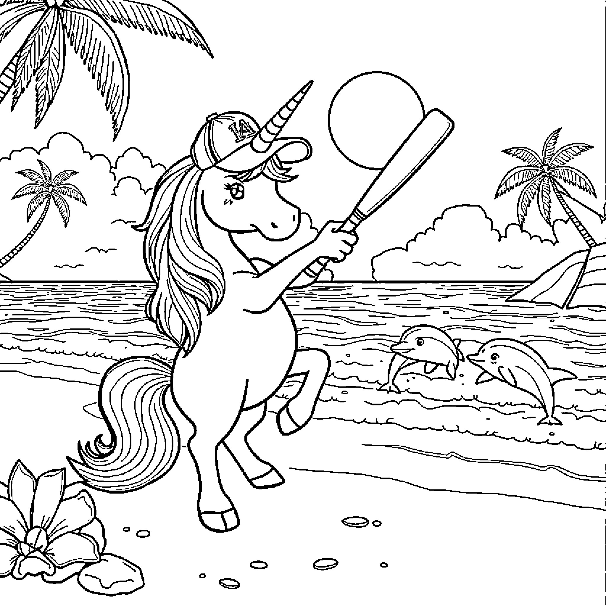 Unicorn playing beach baseball with dolphins Coloring Page (free black-and-white line drawing printable PDF for all, from beginners to advanced learners, including children, teens, adults, and seniors)