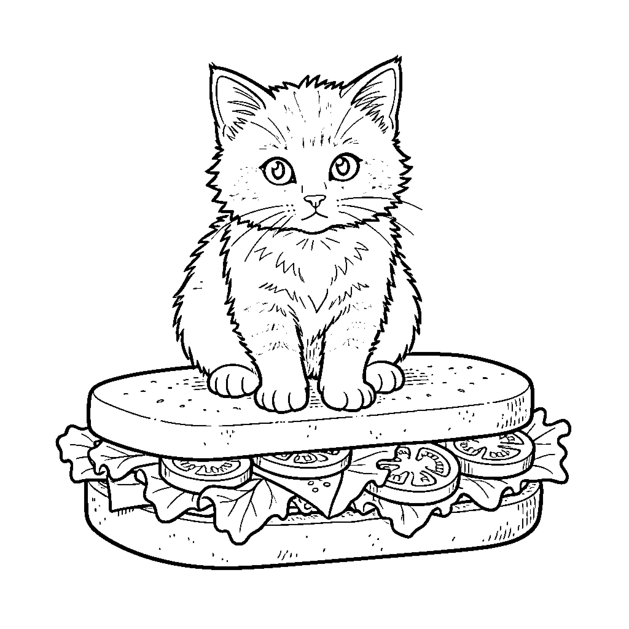 Kitten sitting on a giant sandwich Coloring Page (free black-and-white line drawing printable PDF for all, from beginners to advanced learners, including children, teens, adults, and seniors)