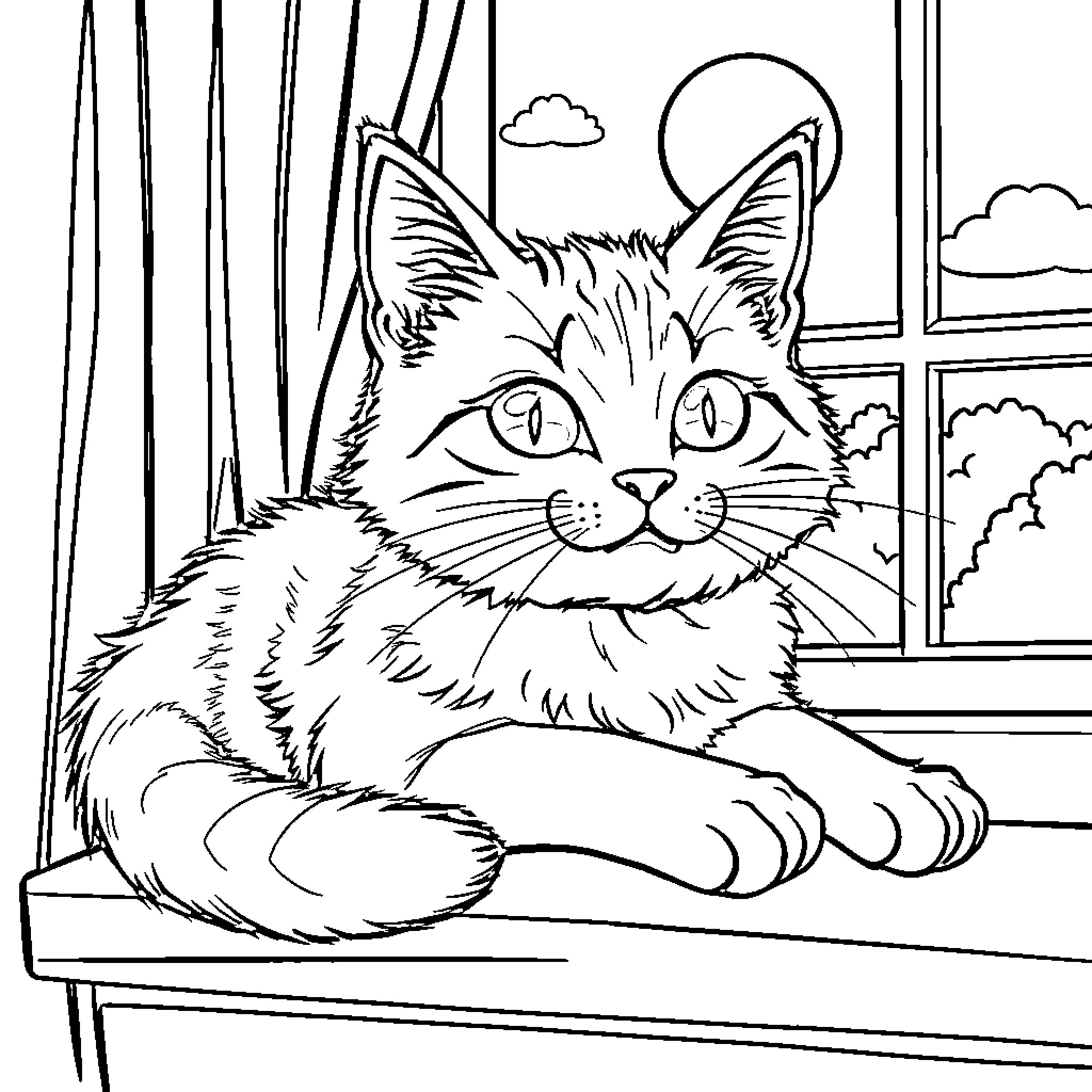 Cat relaxing by the window Coloring Page (free black-and-white line drawing printable PDF for all, from beginners to advanced learners, including children, teens, adults, and seniors)