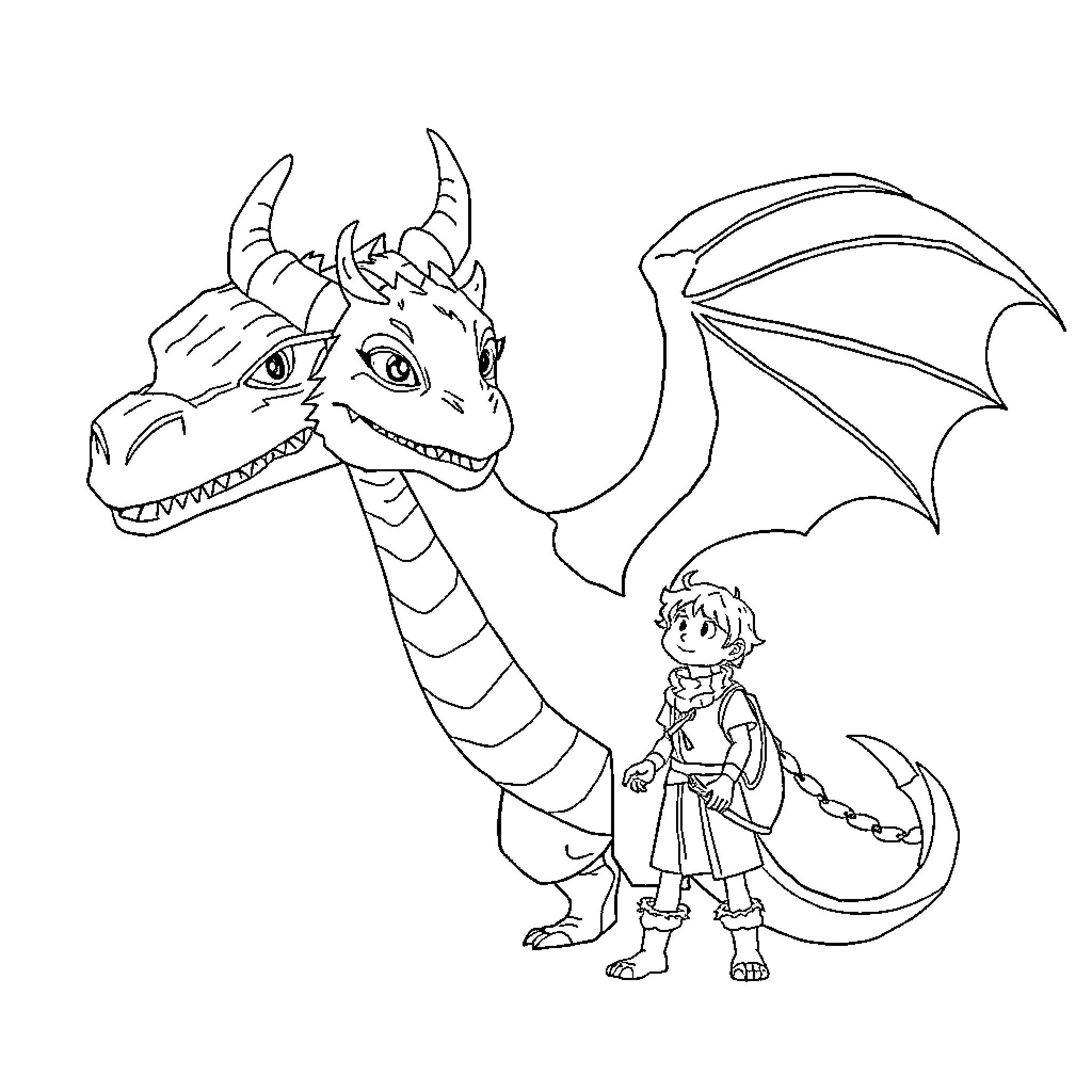 Dragon and its young companion on an adventure Coloring Page (free black-and-white line drawing printable PDF for all, from beginners to advanced learners, including children, teens, adults, and seniors)