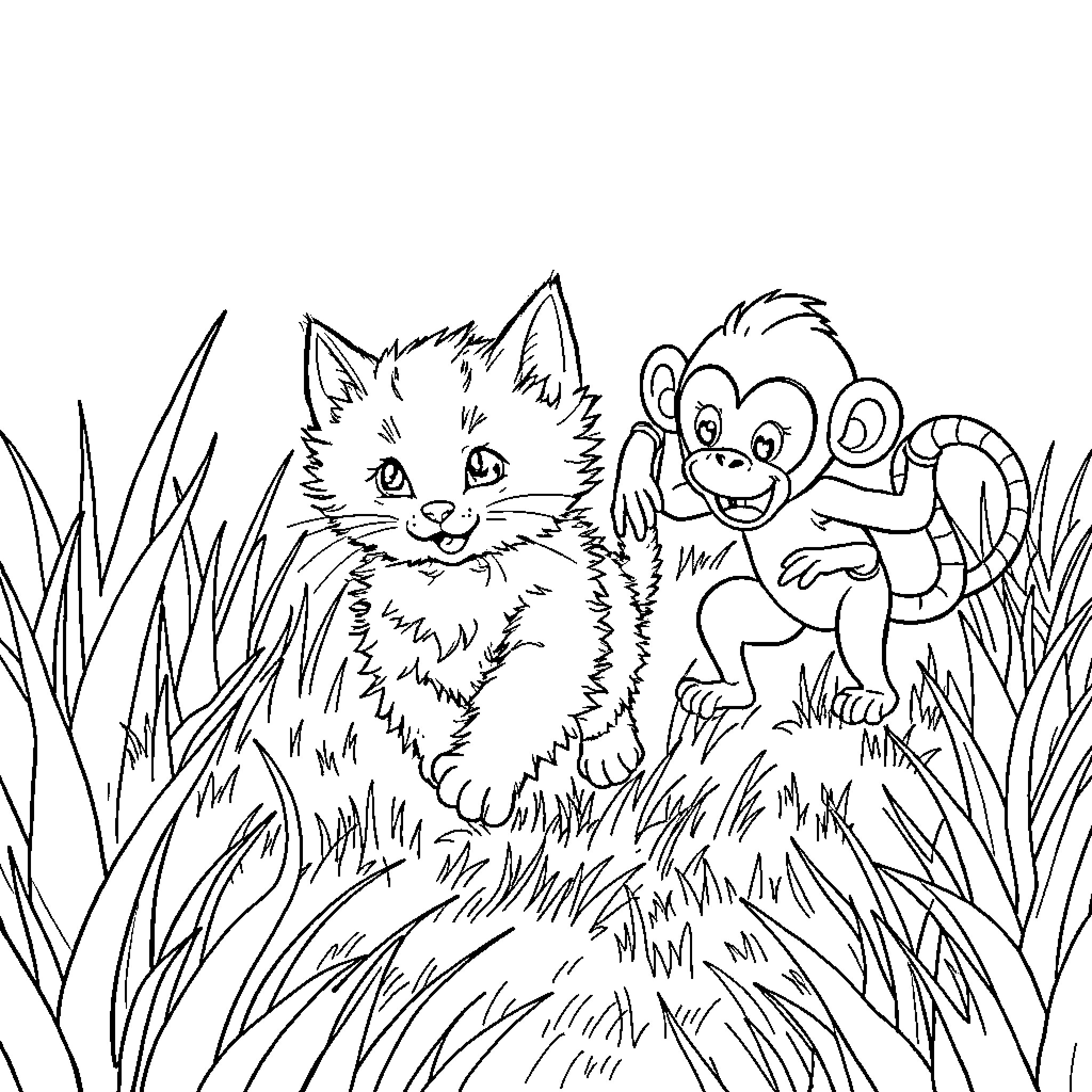 Kitten and Monkey Playing in Grass Coloring Page (free black-and-white line drawing printable PDF for all, from beginners to advanced learners, including children, teens, adults, and seniors)