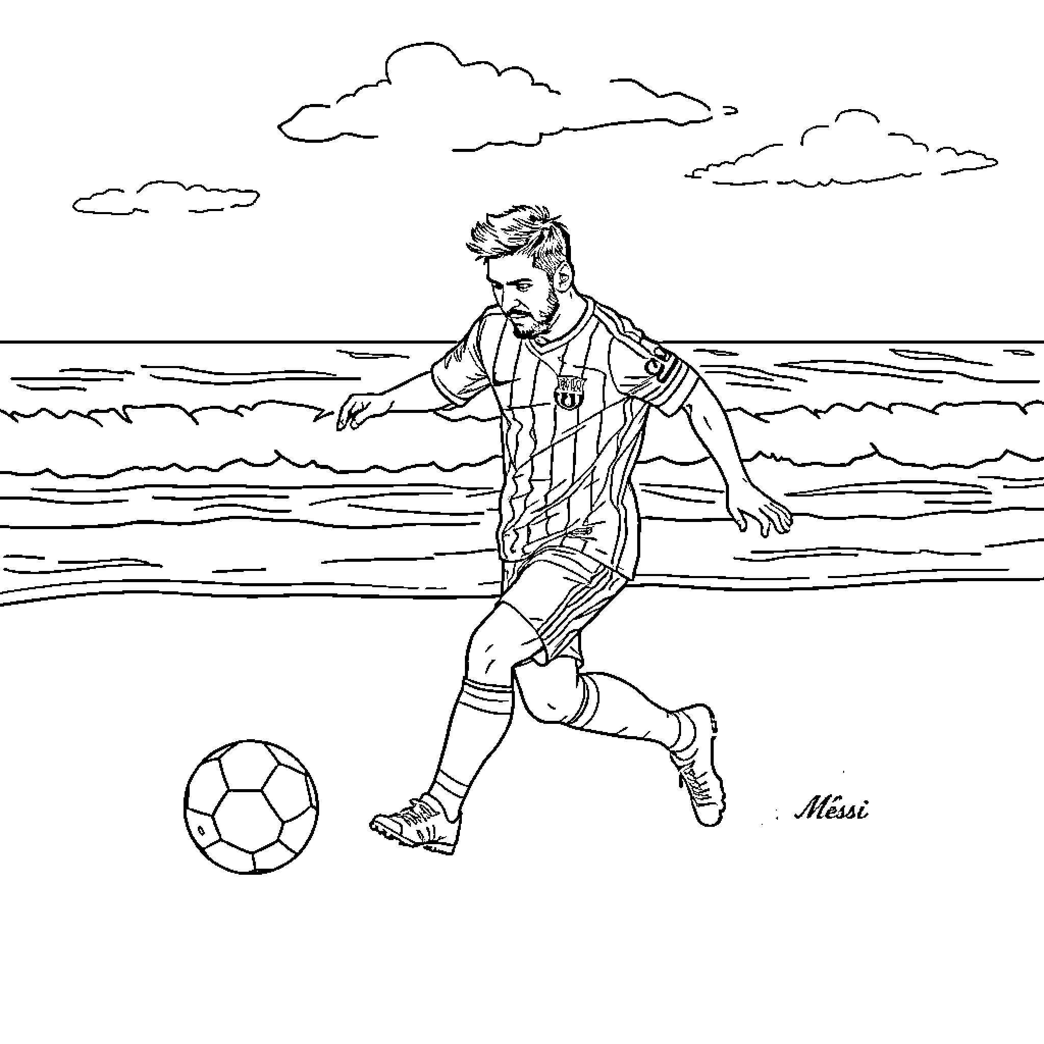 Lionel Messi playing soccer on the beach Coloring Page (free black-and-white line drawing printable PDF for all, from beginners to advanced learners, including children, teens, adults, and seniors)