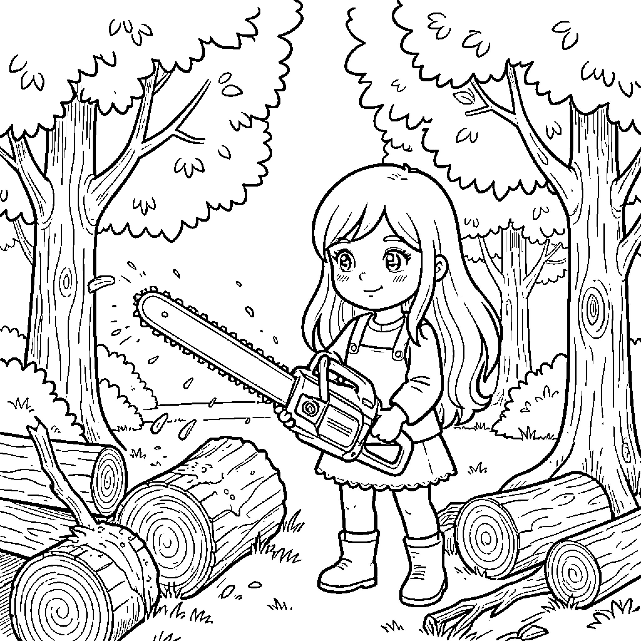 Fille holding a chainsaw in a forest setting Coloring Page (free black-and-white line drawing printable PDF for all, from beginners to advanced learners, including children, teens, adults, and seniors)