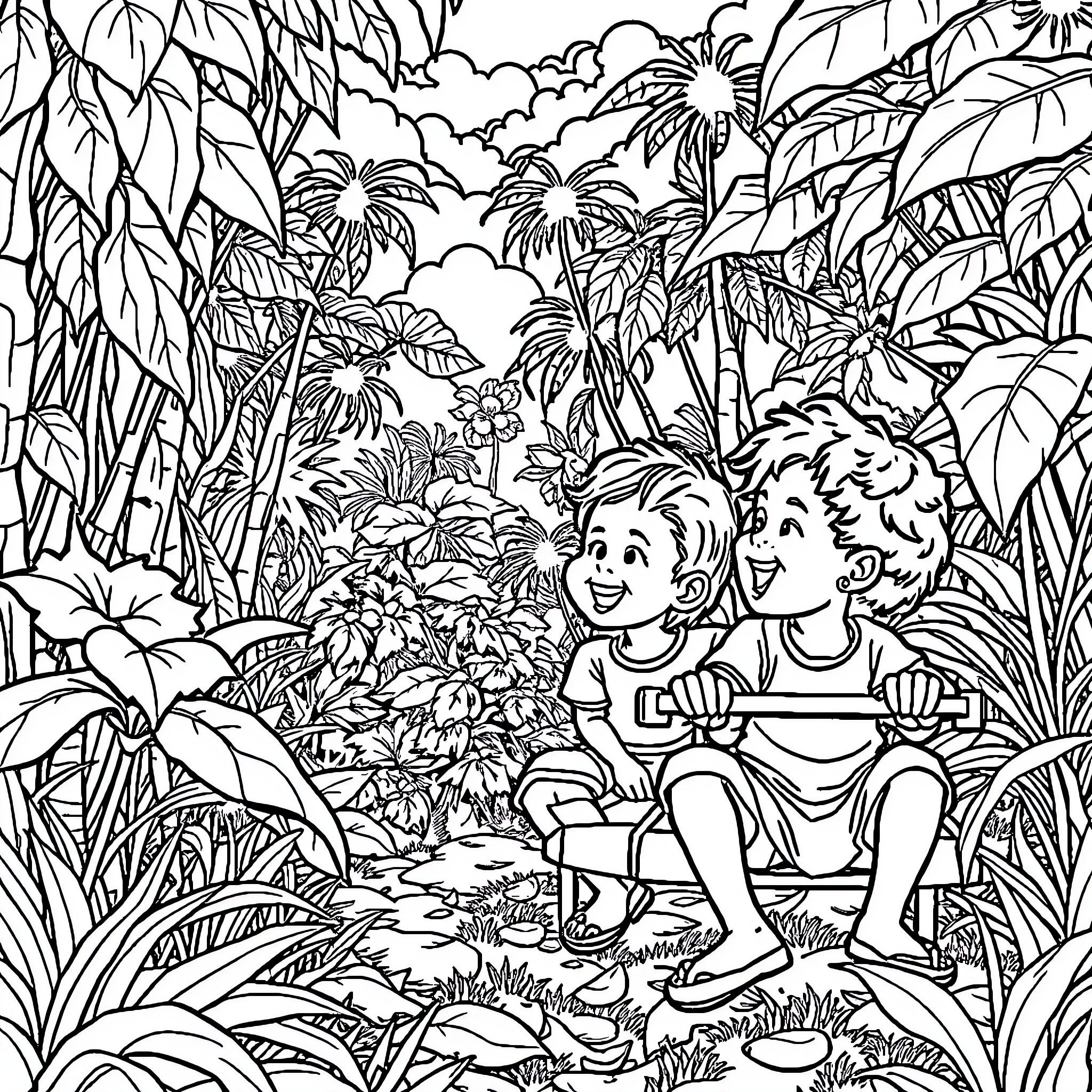 Blissful Jungle Adventure Coloring Page (free black-and-white line drawing printable PDF for all, from beginners to advanced learners, including children, teens, adults, and seniors)