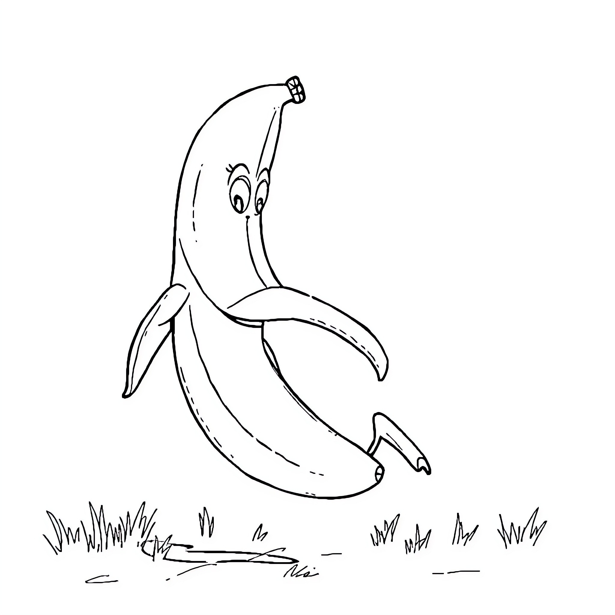 Banana dancing with enthusiasm in a grassy field Coloring Page (free black-and-white line drawing printable PDF for all, from beginners to advanced learners, including children, teens, adults, and seniors)