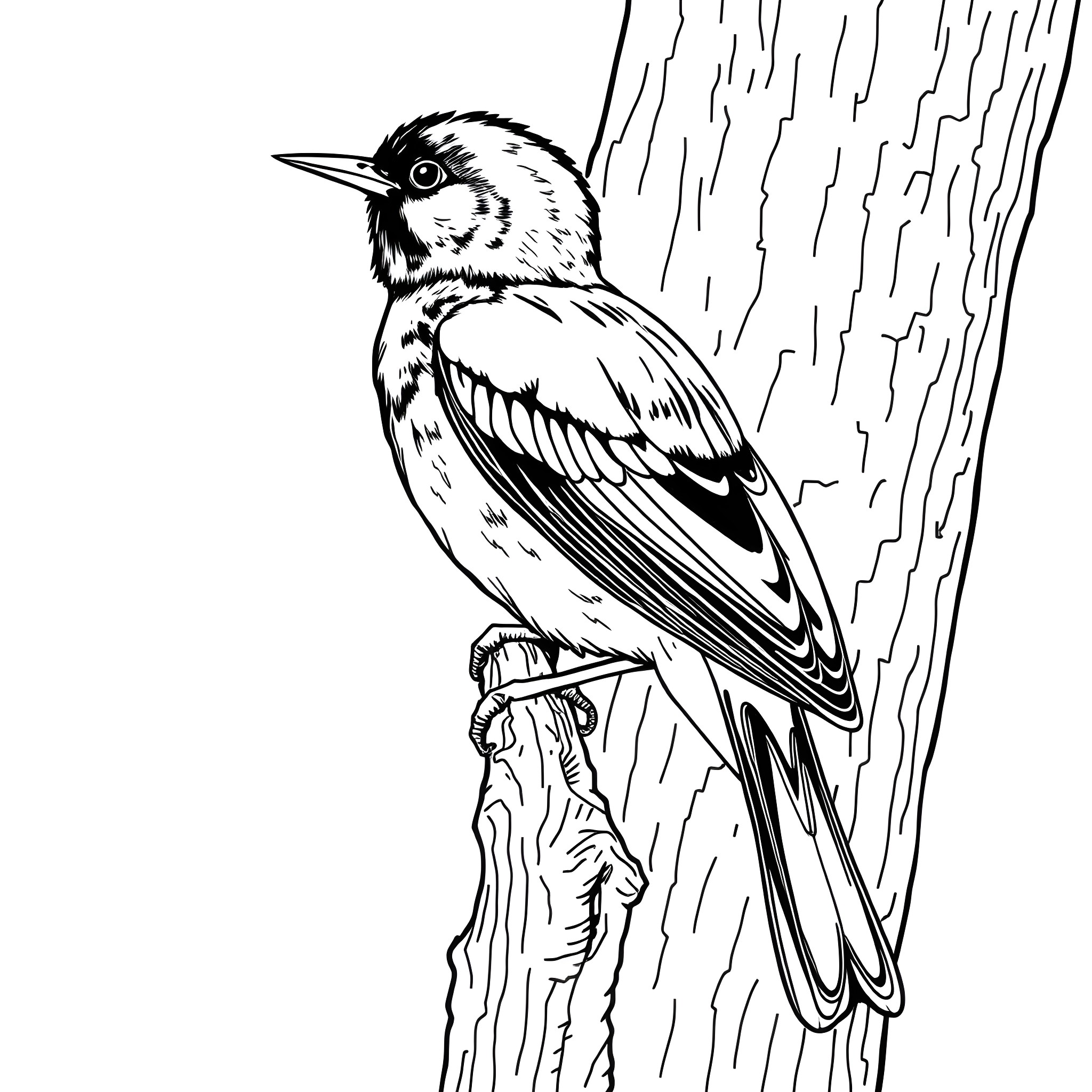 Oriole perched on a tree branch Coloring Page (free black-and-white line drawing printable PDF for all, from beginners to advanced learners, including children, teens, adults, and seniors)