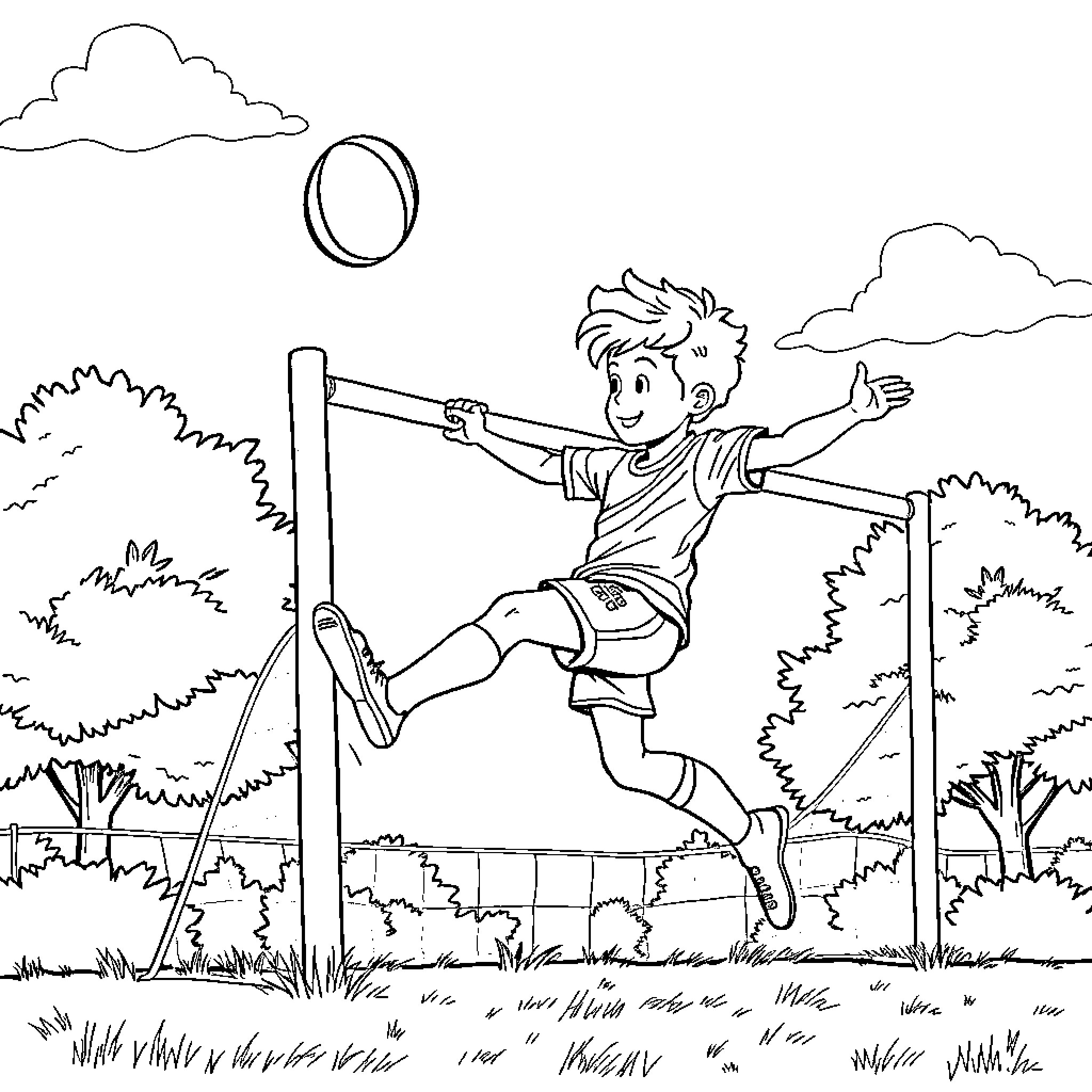 Boy playing on the swing in the park Coloring Page (free black-and-white line drawing printable PDF for all, from beginners to advanced learners, including children, teens, adults, and seniors)