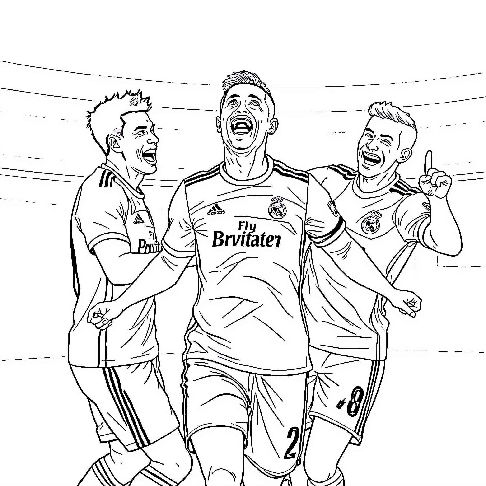 Ronaldo celebrates with teammates on the field Coloring Page (free black-and-white line drawing printable PDF for all, from beginners to advanced learners, including children, teens, adults, and seniors)