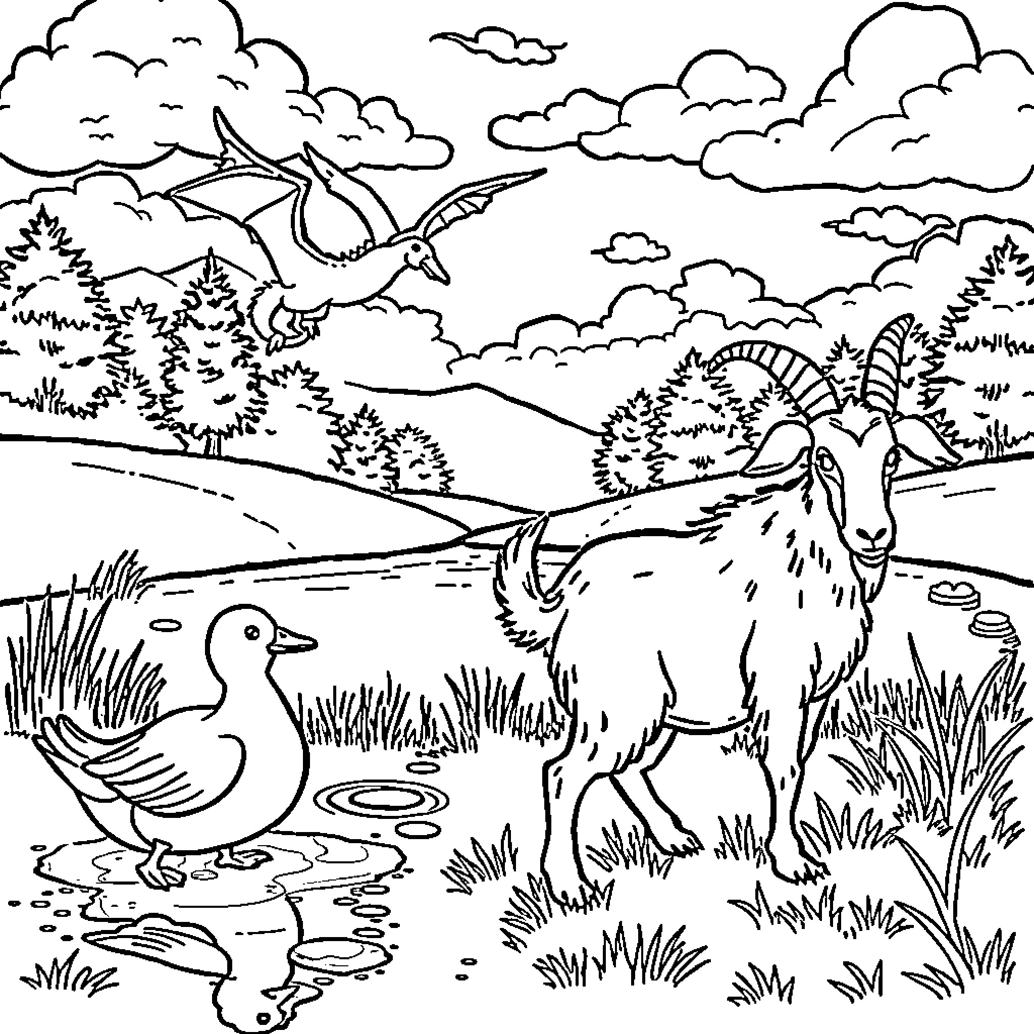 Duck and Goat Exploring Scenic Countryside Coloring Page (free black-and-white line drawing printable PDF for all, from beginners to advanced learners, including children, teens, adults, and seniors)