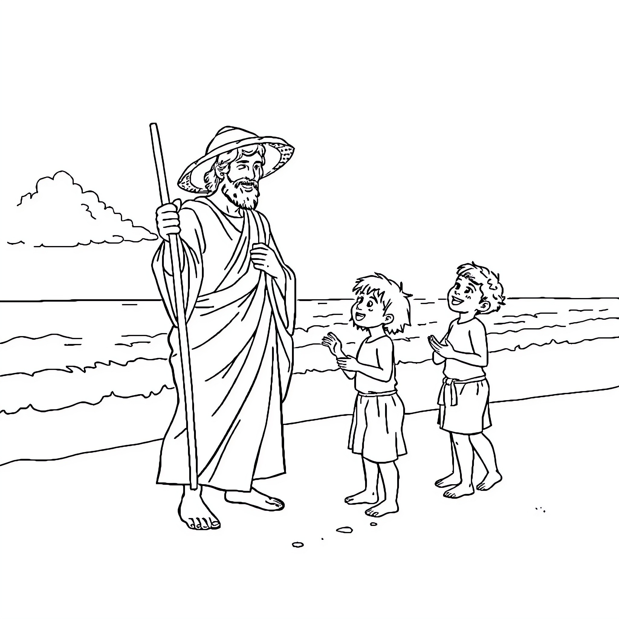 Jesus teaches and guides two children by the sea Coloring Page (free black-and-white line drawing printable PDF for all, from beginners to advanced learners, including children, teens, adults, and seniors)