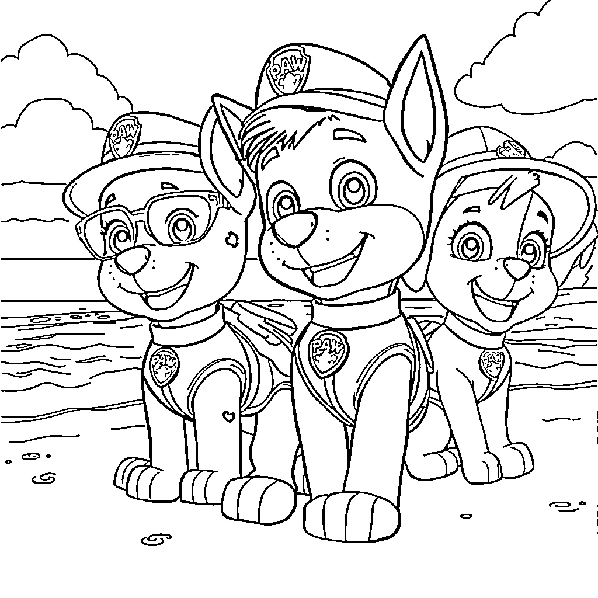 Paw Patrol pups on a beach adventure Coloring Page (free black-and-white line drawing printable PDF for all, from beginners to advanced learners, including children, teens, adults, and seniors)