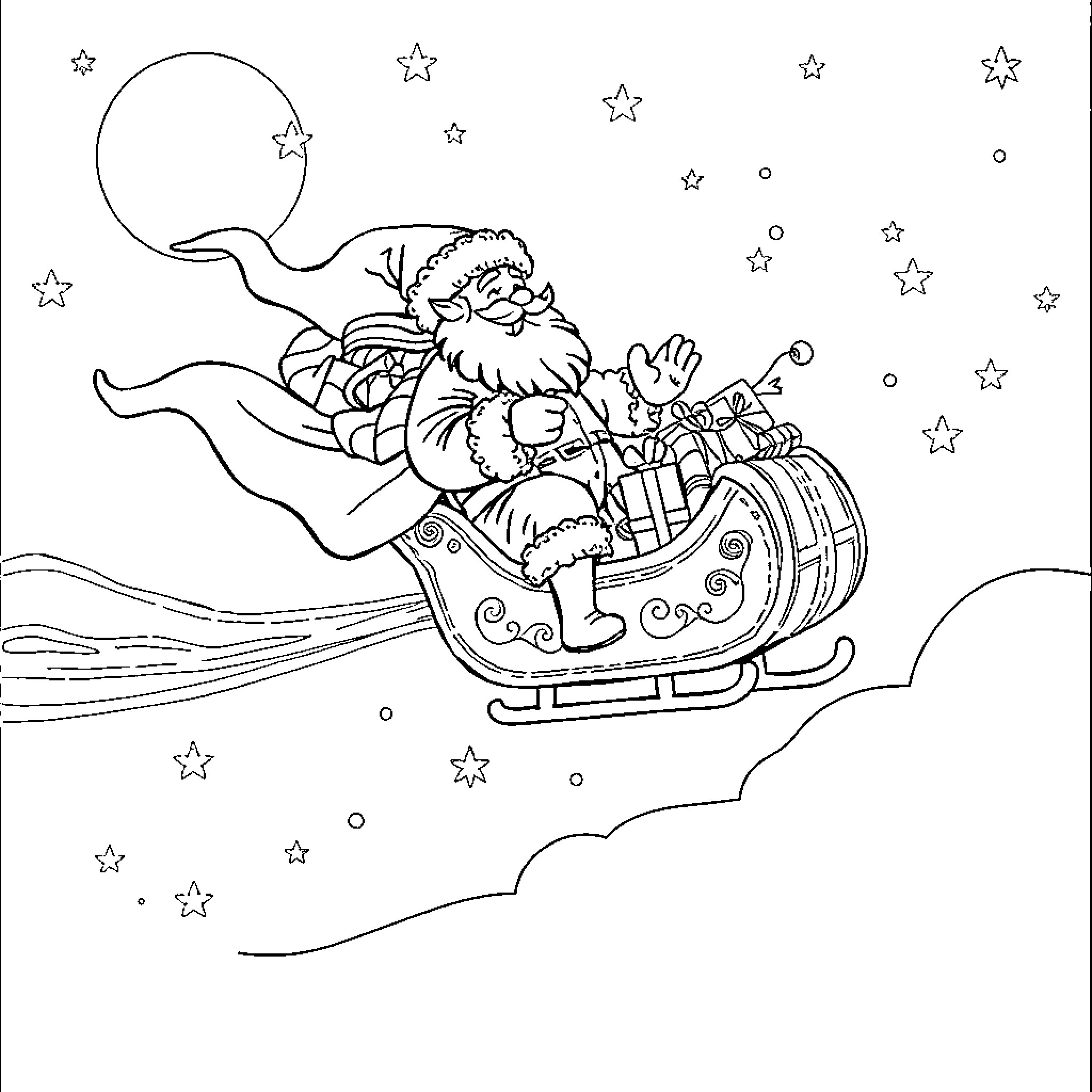 Santa Claus flying on his sleigh in the starry night sky Coloring Page (free black-and-white line drawing printable PDF for all, from beginners to advanced learners, including children, teens, adults, and seniors)