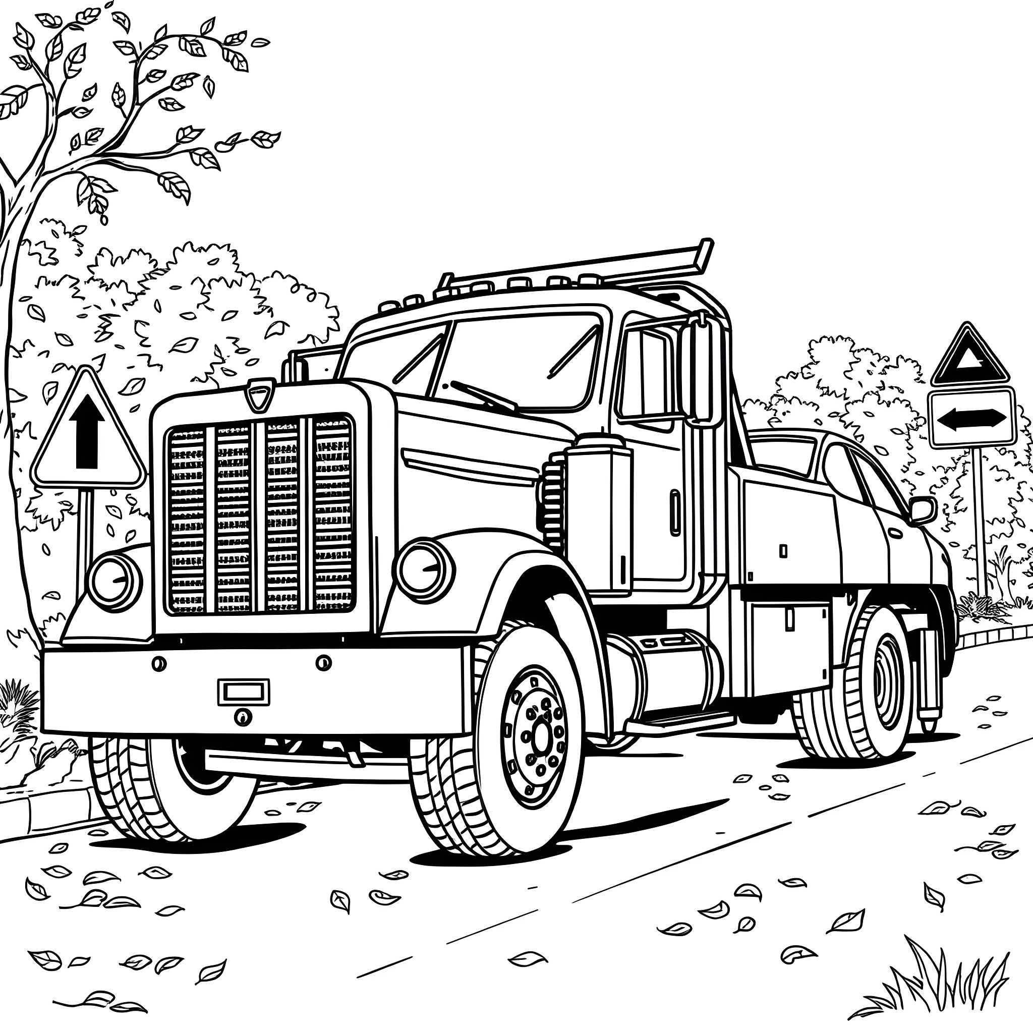 Tow Truck Assisting Vehicle on Roadside Coloring Page (free black-and-white line drawing printable PDF for all, from beginners to advanced learners, including children, teens, adults, and seniors)