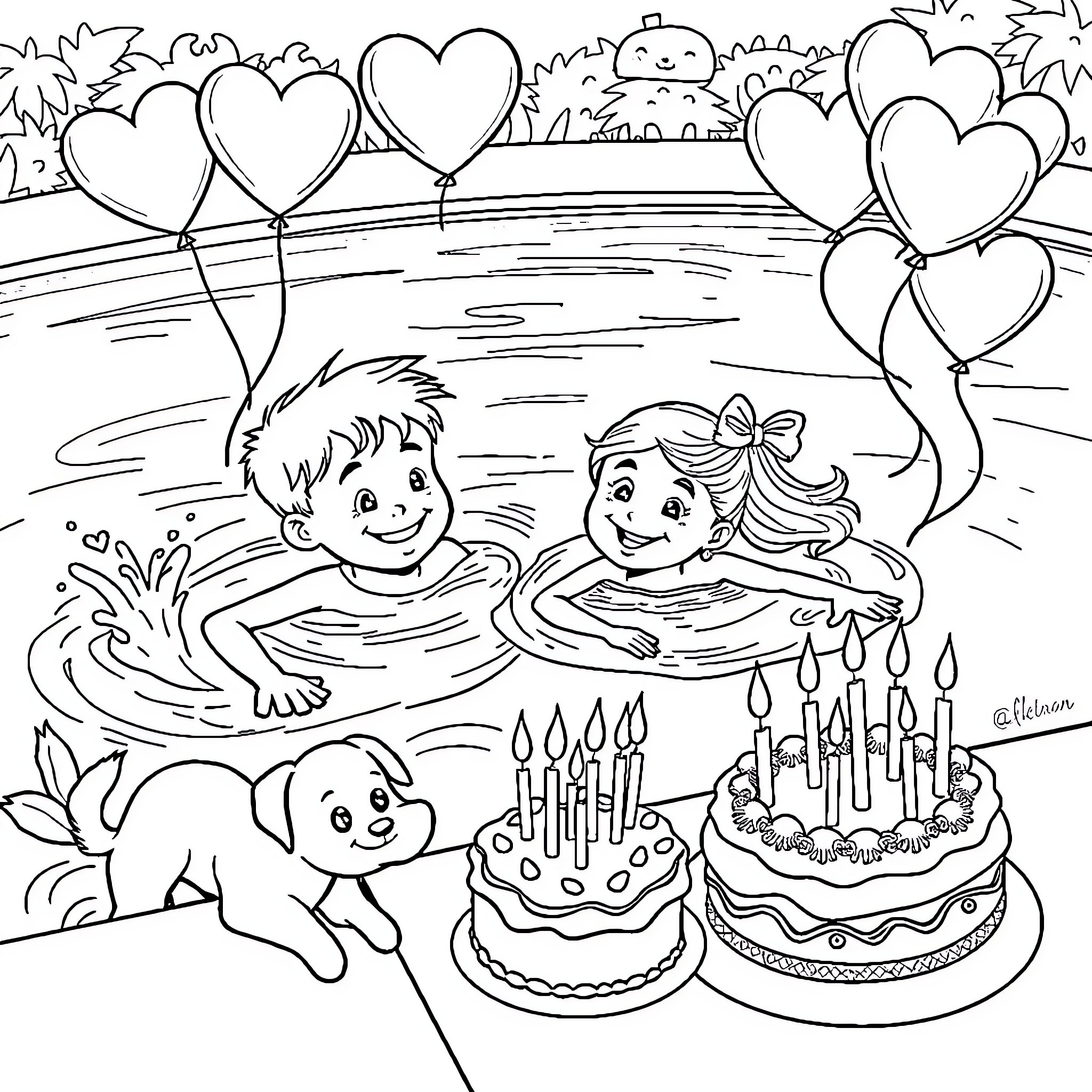 Boy and Girl Swimming with Birthday Cake and Balloons Coloring Page (free black-and-white line drawing printable PDF for all, from beginners to advanced learners, including children, teens, adults, and seniors)