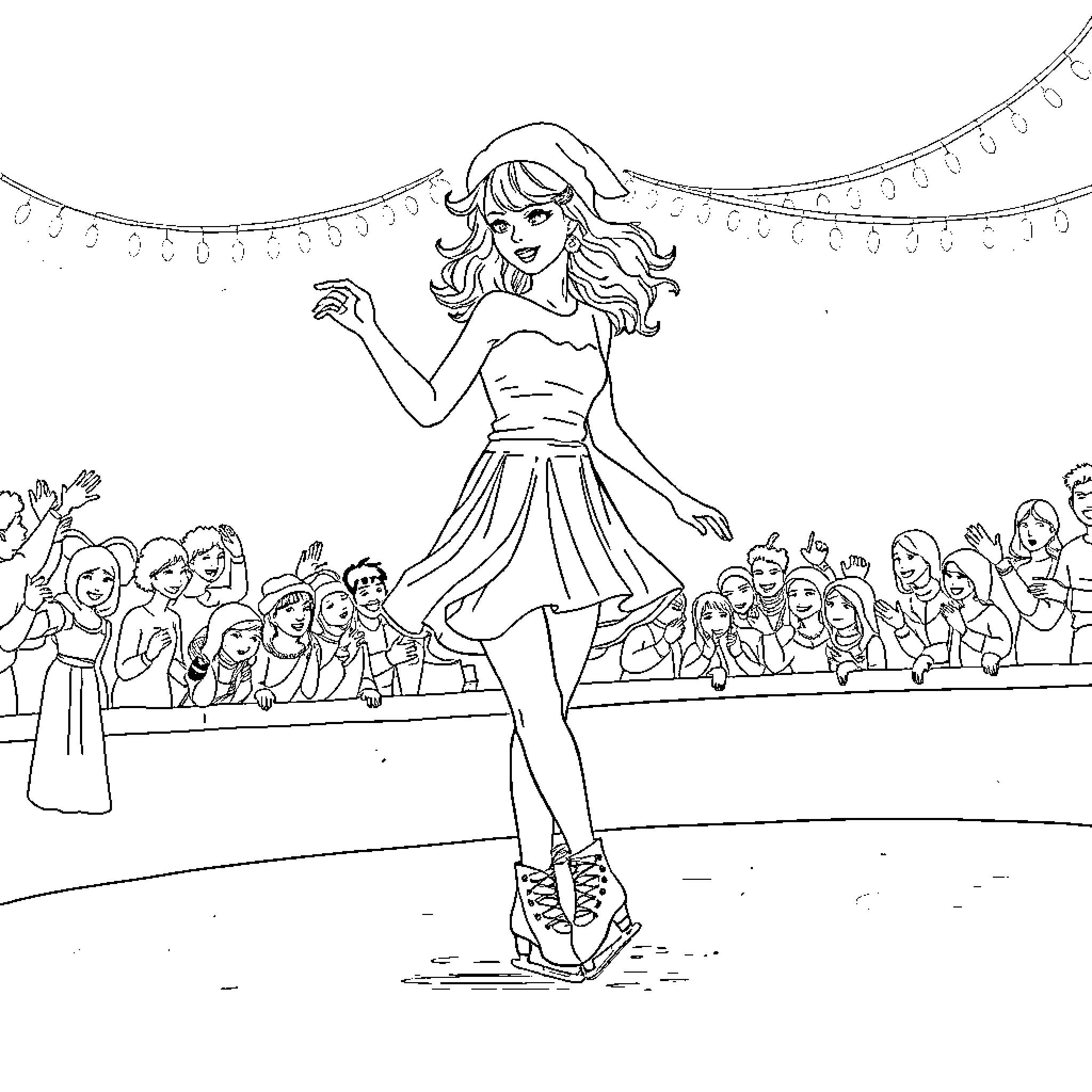 Taylor Swift performing on stage with a crowd Coloring Page (free black-and-white line drawing printable PDF for all, from beginners to advanced learners, including children, teens, adults, and seniors)
