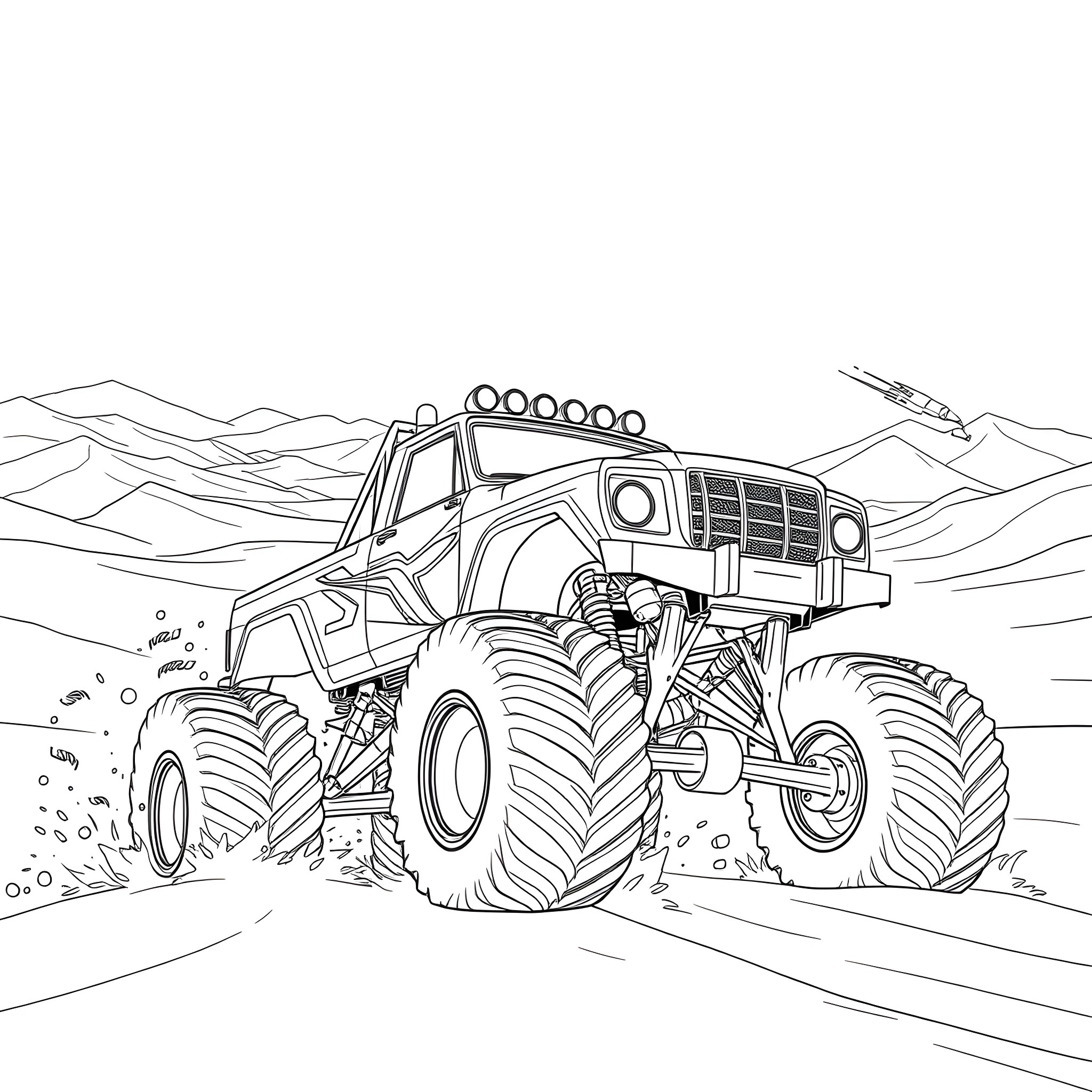 Monster Truck Conquering the Rugged Terrain Coloring Page (free black-and-white line drawing printable PDF for all, from beginners to advanced learners, including children, teens, adults, and seniors)