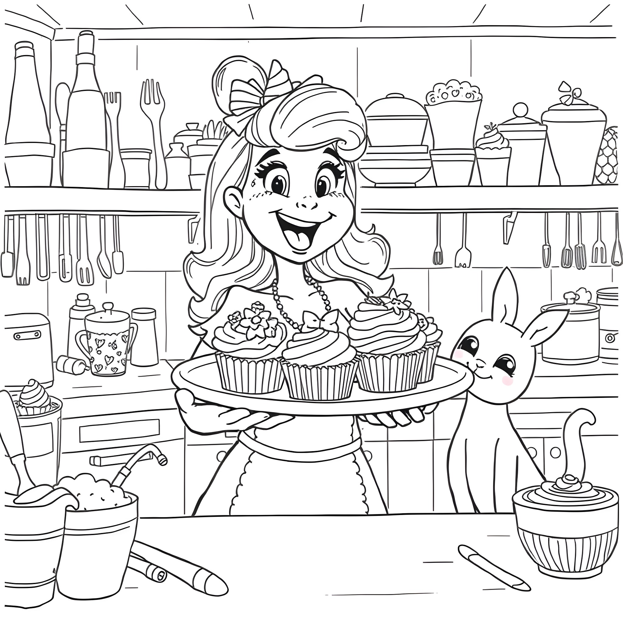 Cupcake Baker's Joyful Baking in the Kitchen Coloring Page (free black-and-white line drawing printable PDF for all, from beginners to advanced learners, including children, teens, adults, and seniors)