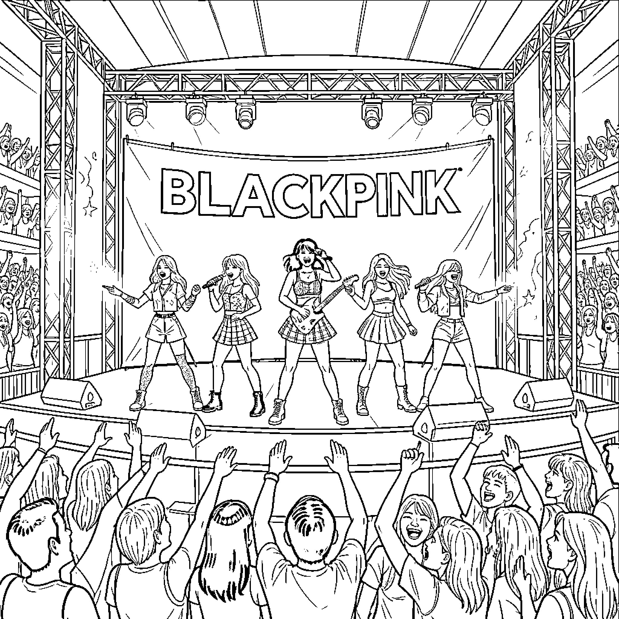 Blackpink performing energetically on stage for a cheering crowd Coloring Page (free black-and-white line drawing printable PDF for all, from beginners to advanced learners, including children, teens, adults, and seniors)