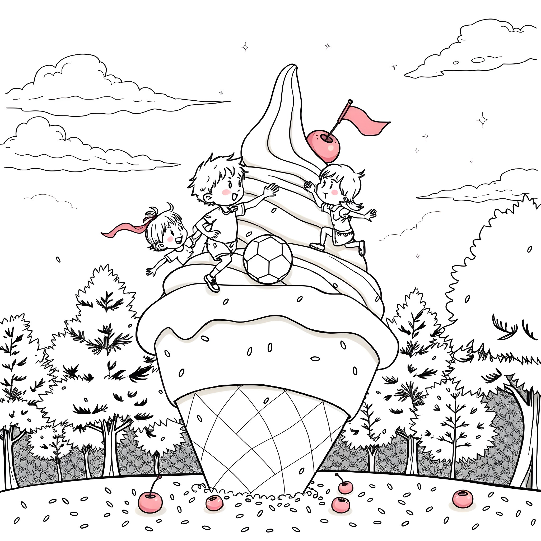 Football players celebrating their victory on a mushroom-shaped structure Coloring Page (free black-and-white line drawing printable PDF for all, from beginners to advanced learners, including children, teens, adults, and seniors)