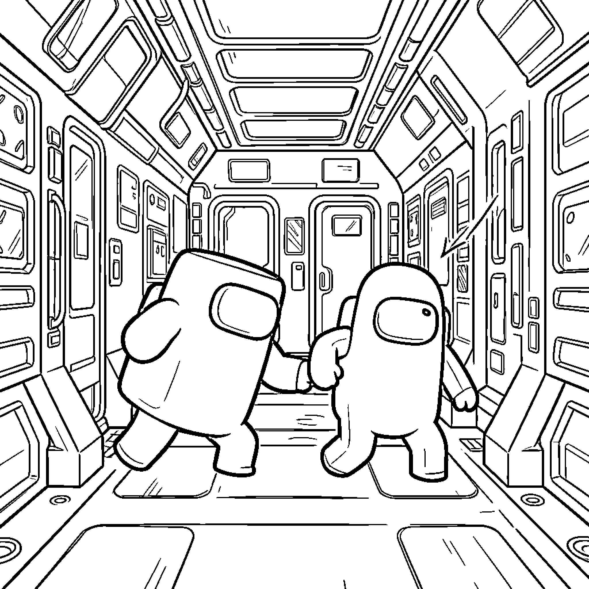 Among Us characters in a sci-fi spaceship setting Coloring Page (free black-and-white line drawing printable PDF for all, from beginners to advanced learners, including children, teens, adults, and seniors)
